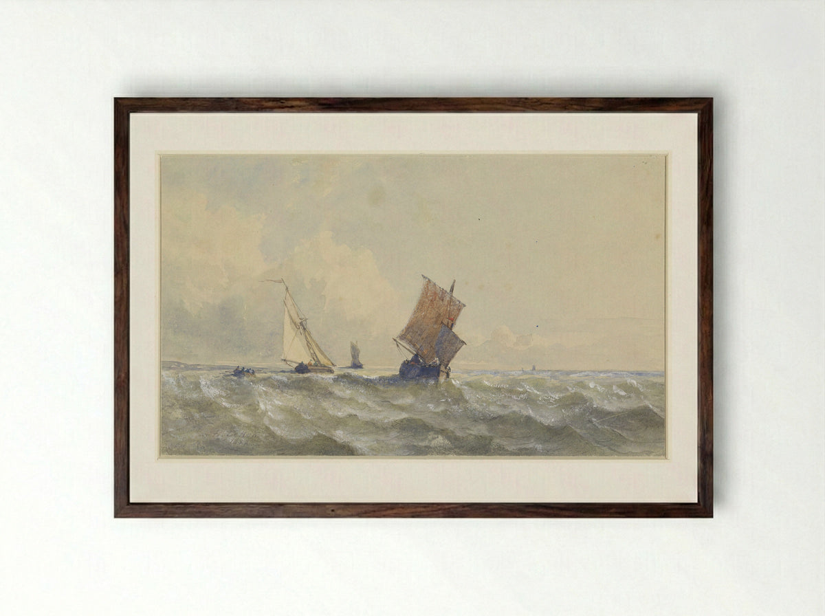 Gezicht op volle zee, waarop drie zeilschepen - Henri Le Hon - Framed Print Dark Wood