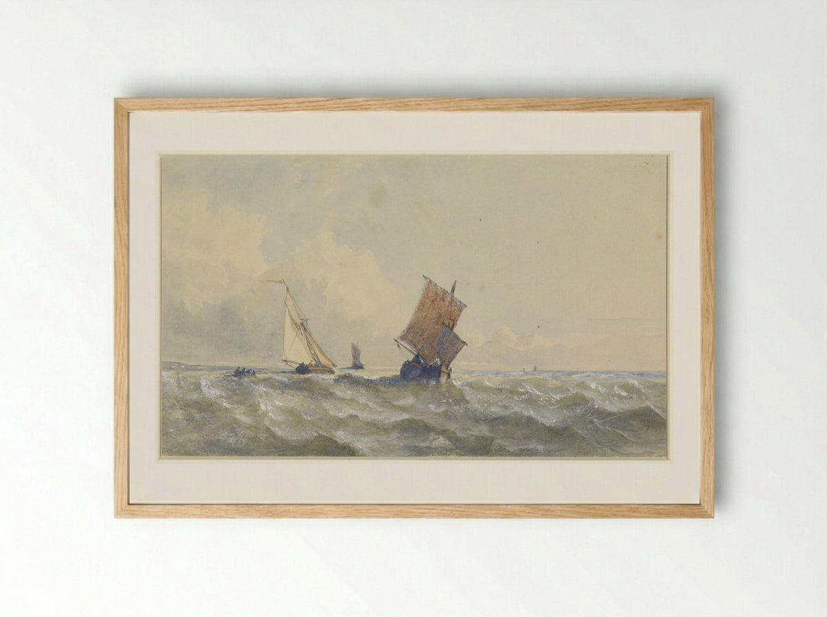 Gezicht op volle zee, waarop drie zeilschepen - Henri Le Hon - Framed Print Wood