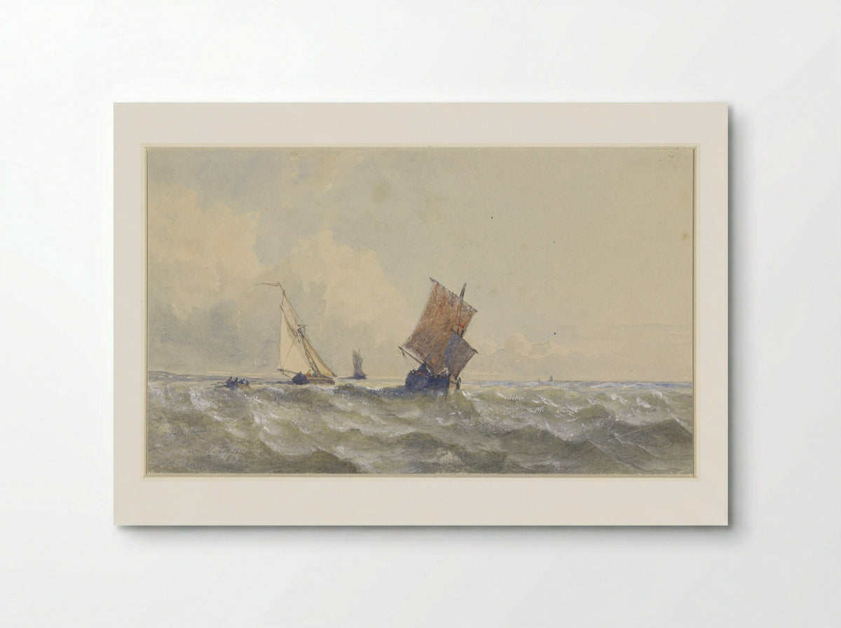 Gezicht op volle zee, waarop drie zeilschepen - Henri Le Hon - Poster