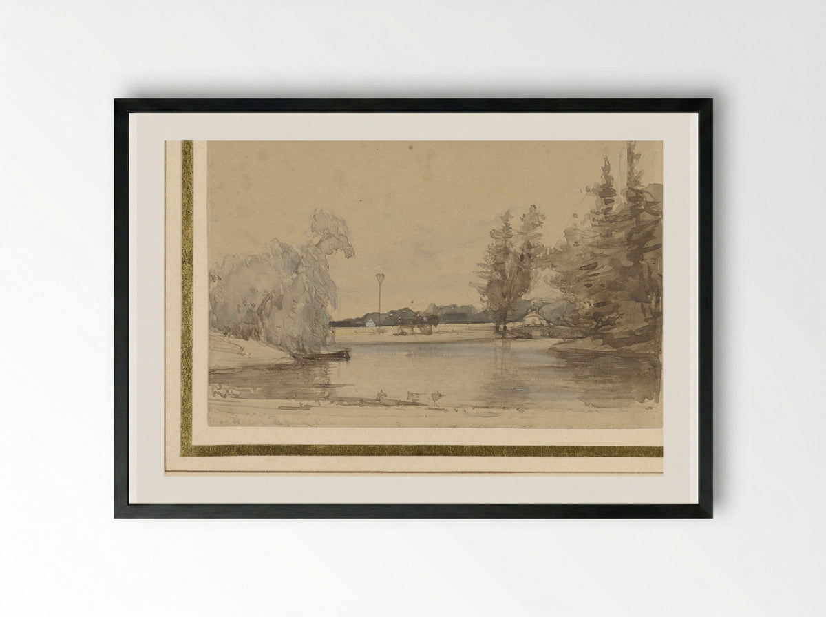 Gezicht over de vijver van het Huis te Leede - Johannes Bosboom - Framed Print Black