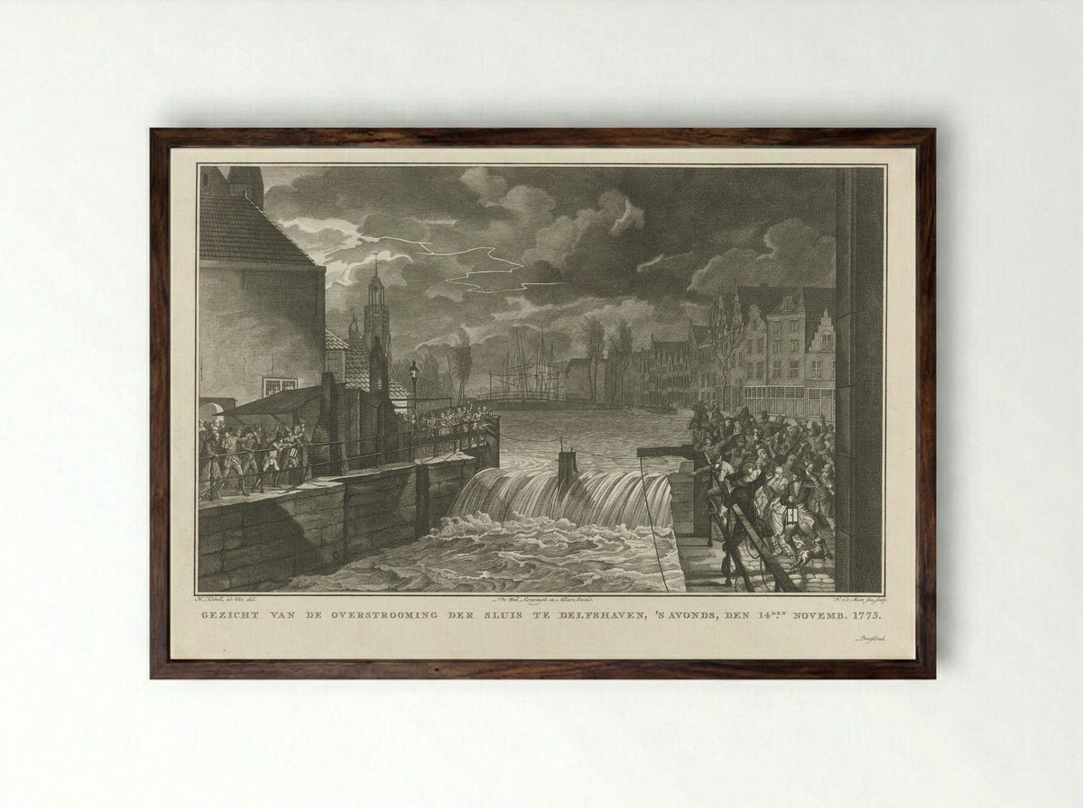 Gezicht van de overstrooming der sluis te Delfshaven - Hendrik Kobell - Framed Print Dark Wood