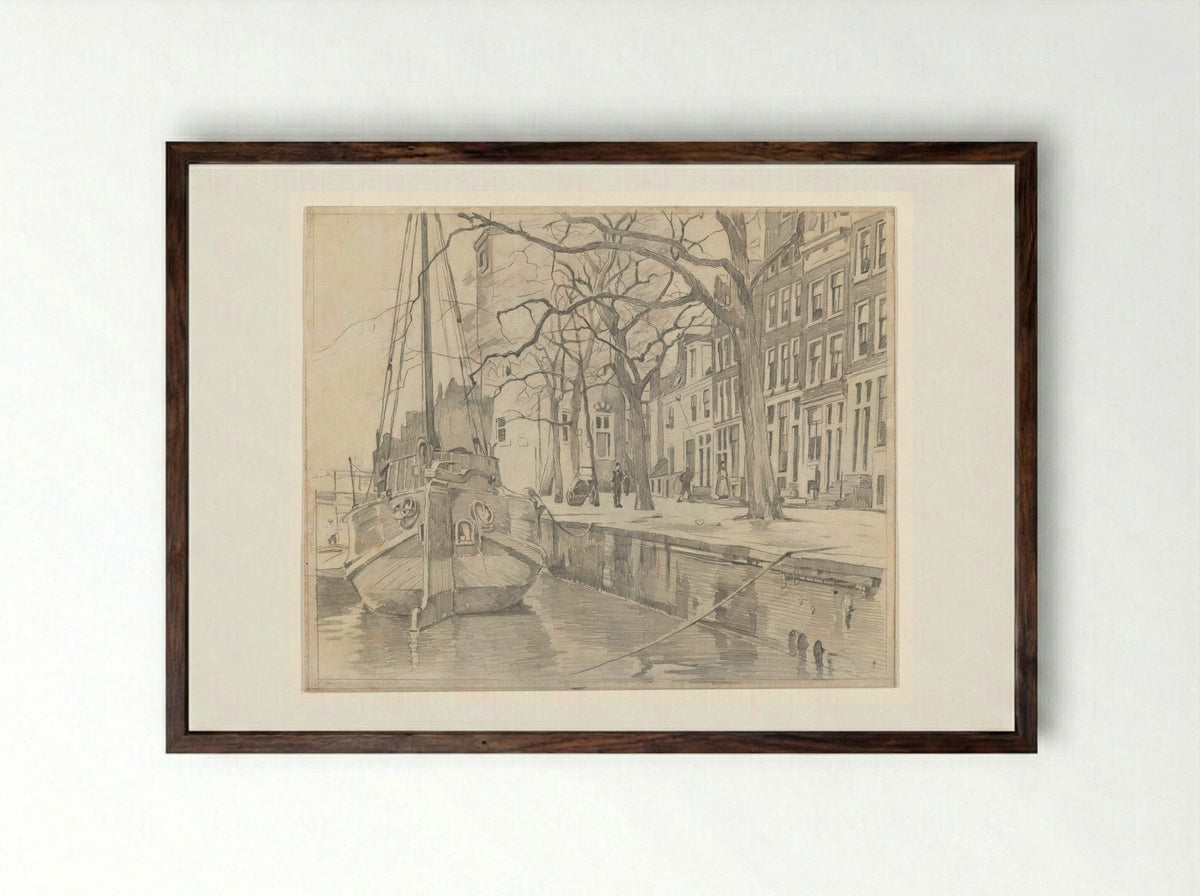Gezicht vanaf de Waalseilandsgracht op de Montelbaanstoren en enkele huizen aan de Oude Waal - Willem Witsen - Framed Print Dark Wood