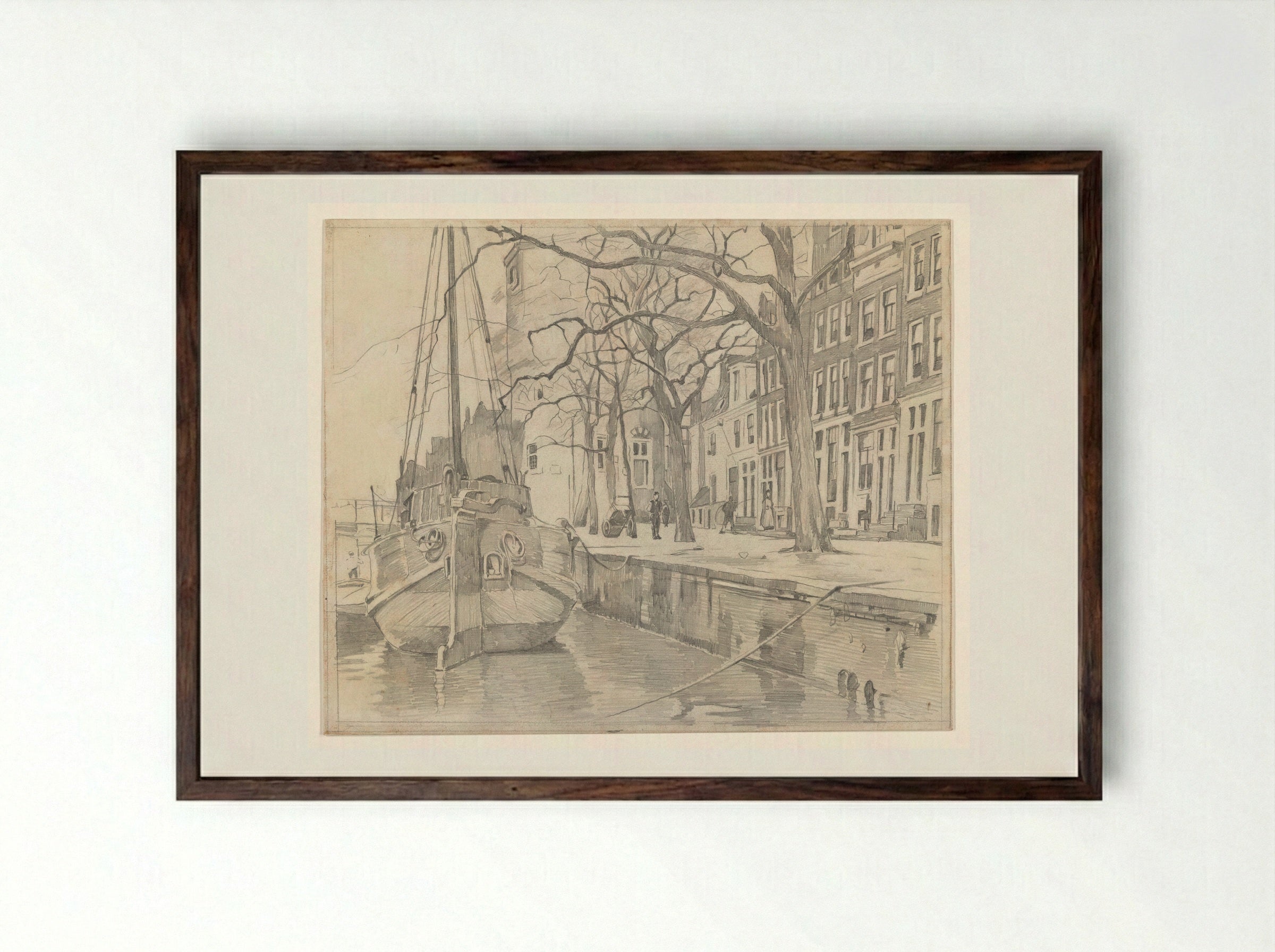 Gezicht vanaf de Waalseilandsgracht op de Montelbaanstoren en enkele huizen aan de Oude Waal - Willem Witsen - Framed Print Dark Wood
