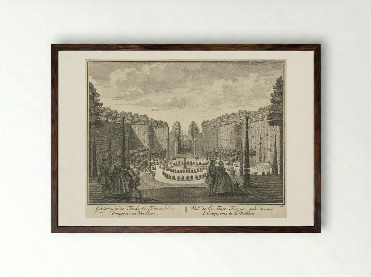 Gezicht vanuit de Turkse Tent op de oranjerie en de volière in de tuin van Huis ter Meer te Maarssen - Hendrik de Leth - Framed Print Dark Wood