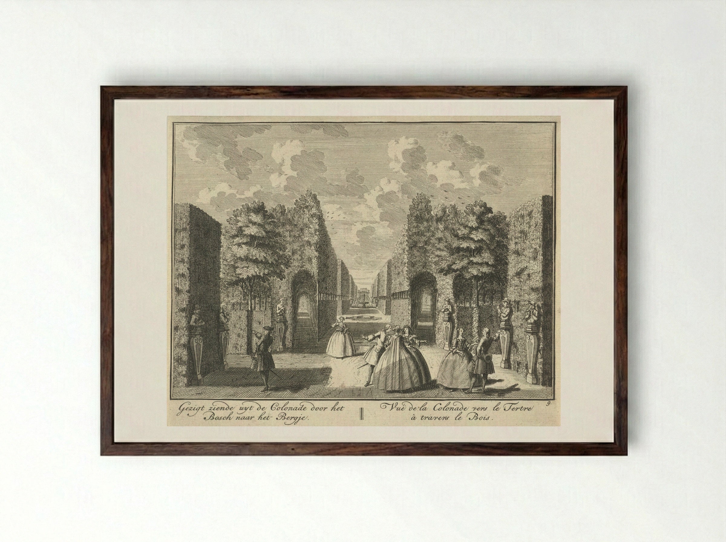 Gezicht vanuit de colonnade op de tuin van Huis ter Meer te Maarssen - Hendrik de Leth - Framed Print Dark Wood