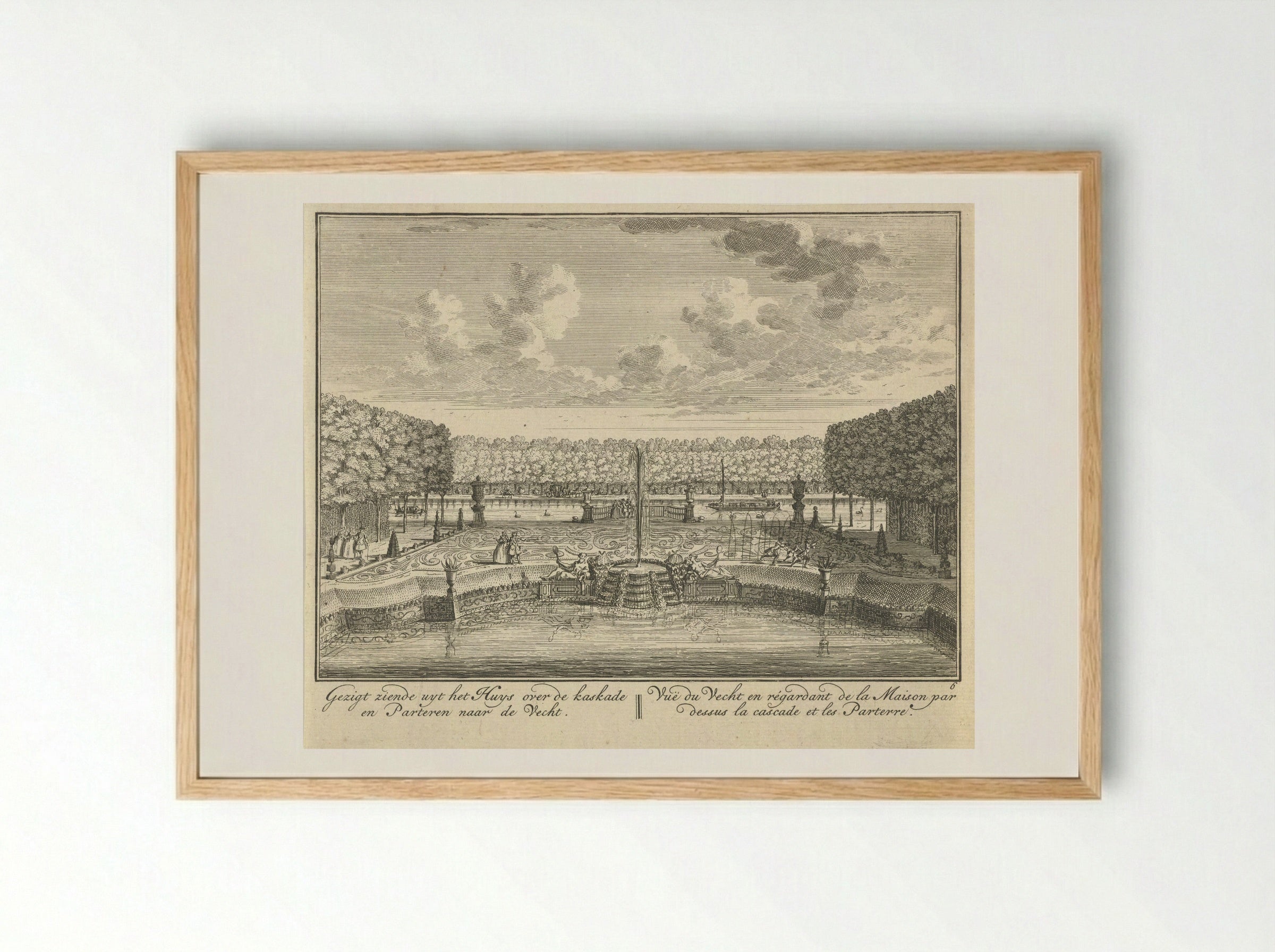 Gezigt ziende uyt het Huys over de kaskade en Parteren naar de Vecht - Hendrik de Leth - Framed Print Wood