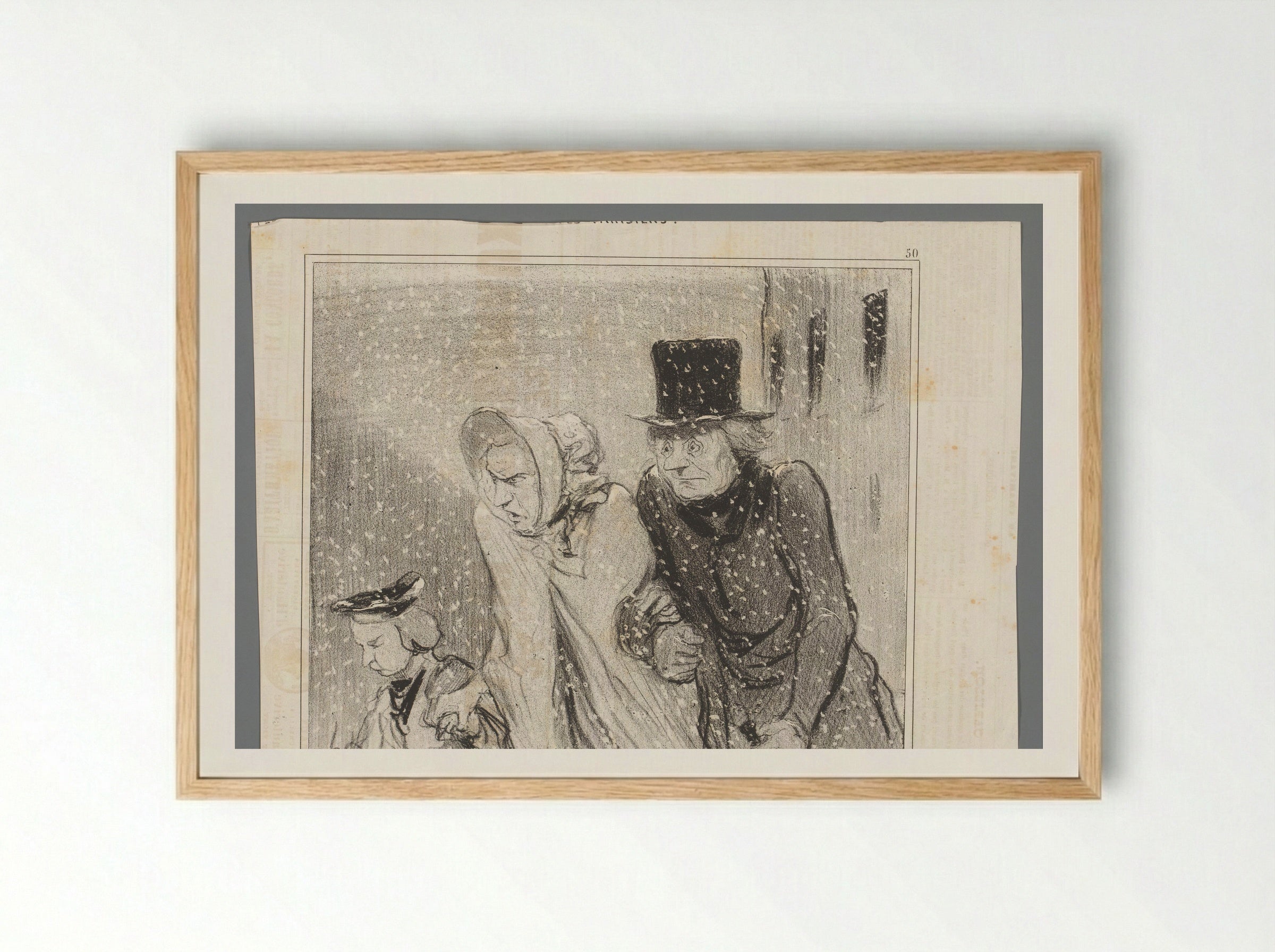 Gezin loopt in een sneeuwstorm - Honoré Daumier - Framed Print Wood