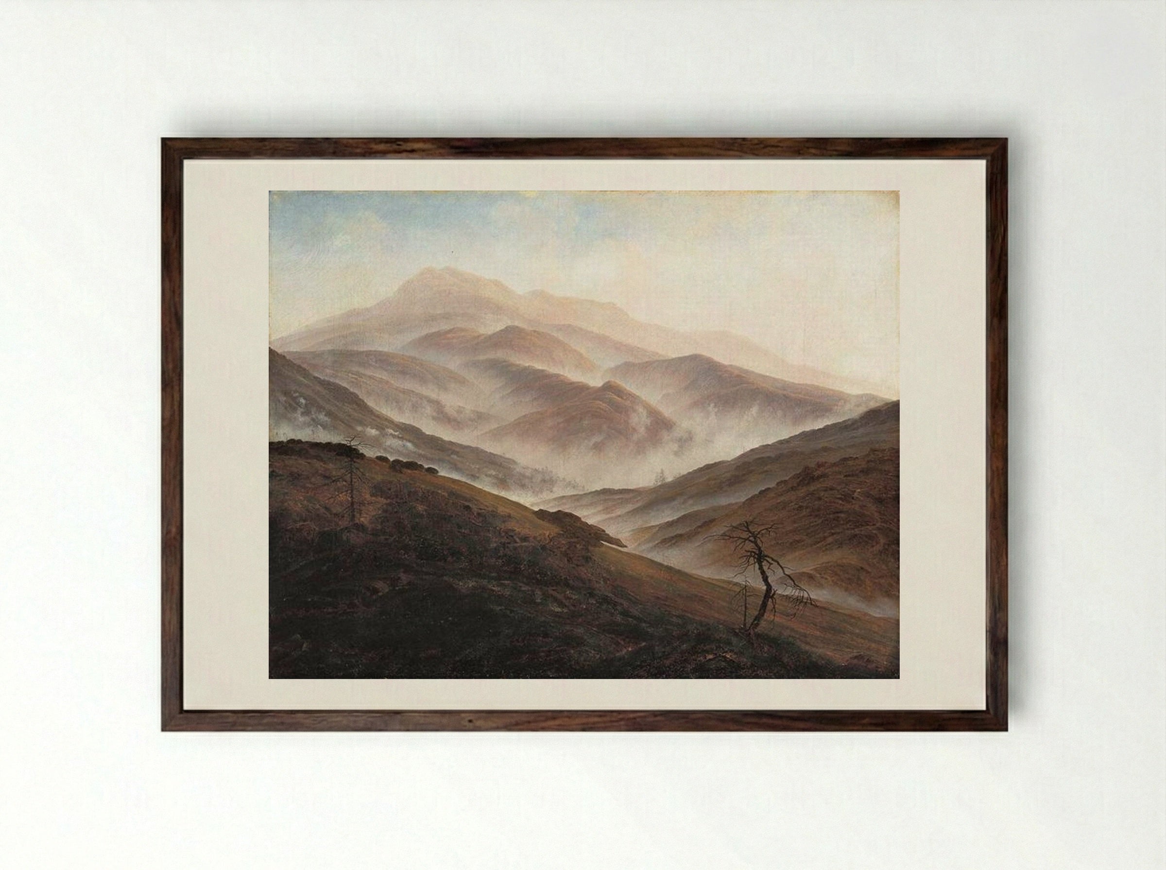 Giant Mountains Landscape with Rising Fog - Caspar David Friedrich - Framed Print Dark Wood