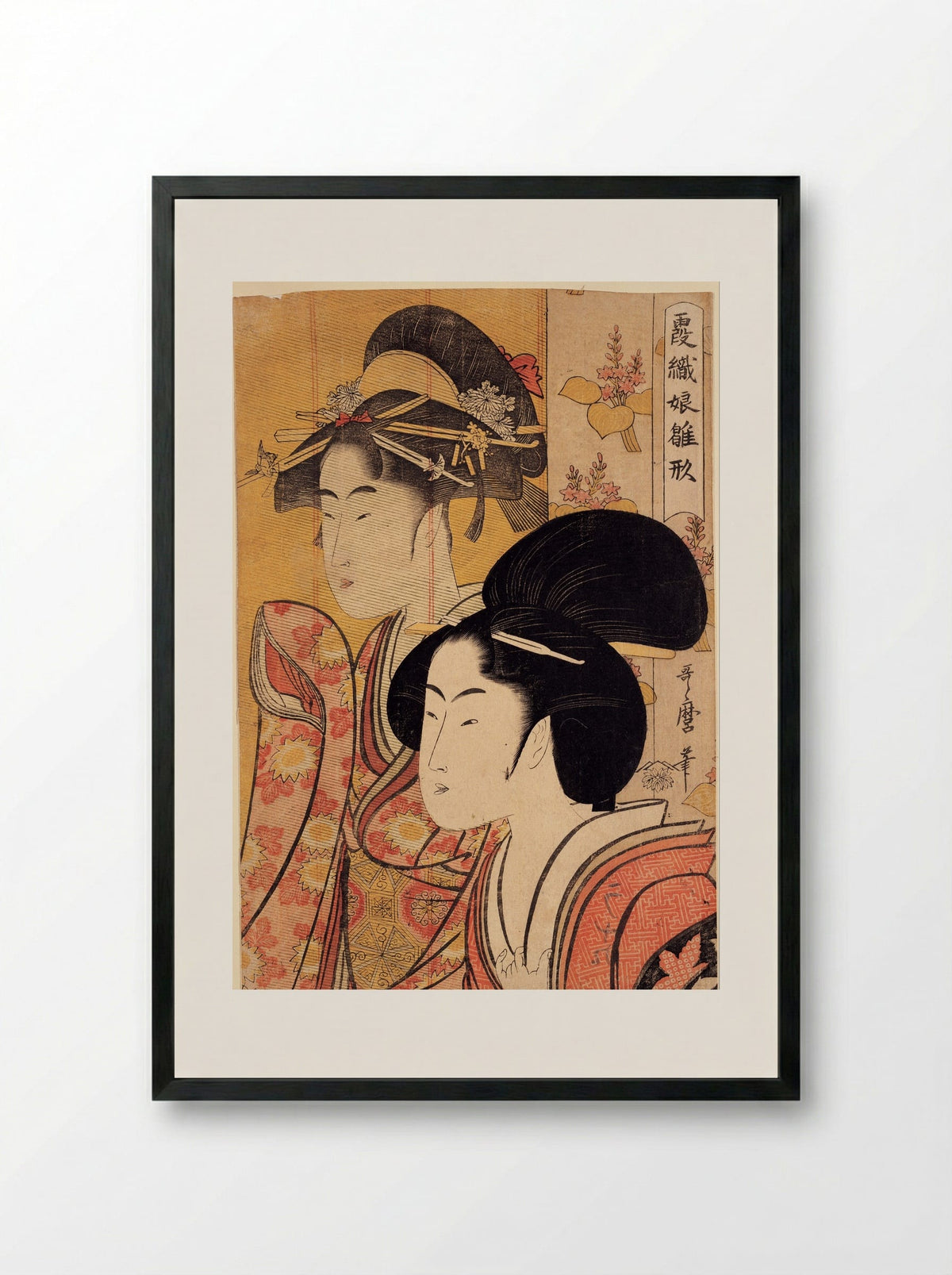 Ginjuro's Wife Oyumi from the Play Whirlpools of Awa - Kitagawa Utamaro - Framed Print Black