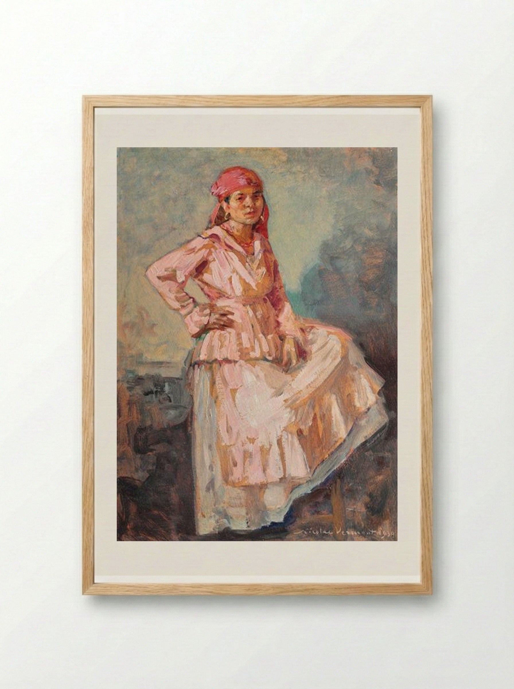 Gipsy Woman with Red Scarf - Nicolae Vermont - Framed Print Wood
