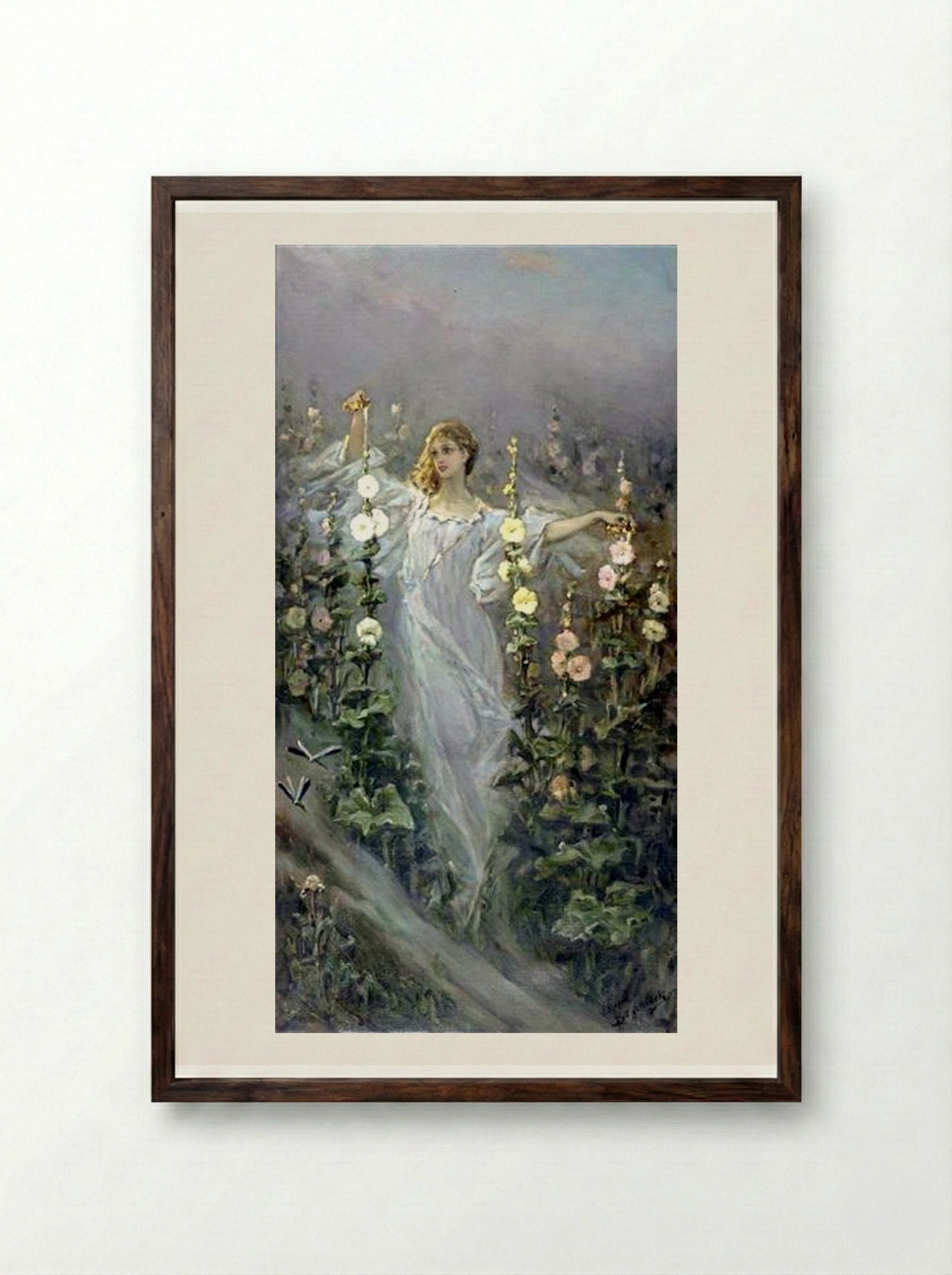 Girl Between Hollyhocks - Wilhelm Kotarbinski - Framed Print Dark Wood