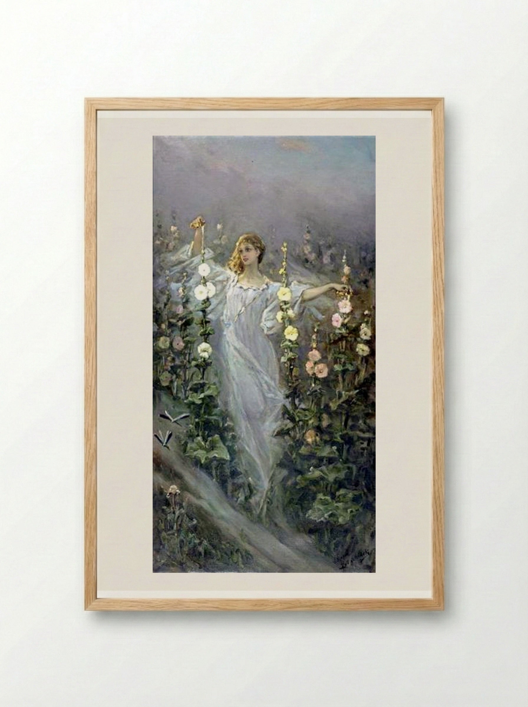Girl Between Hollyhocks - Wilhelm Kotarbinski - Framed Print Wood