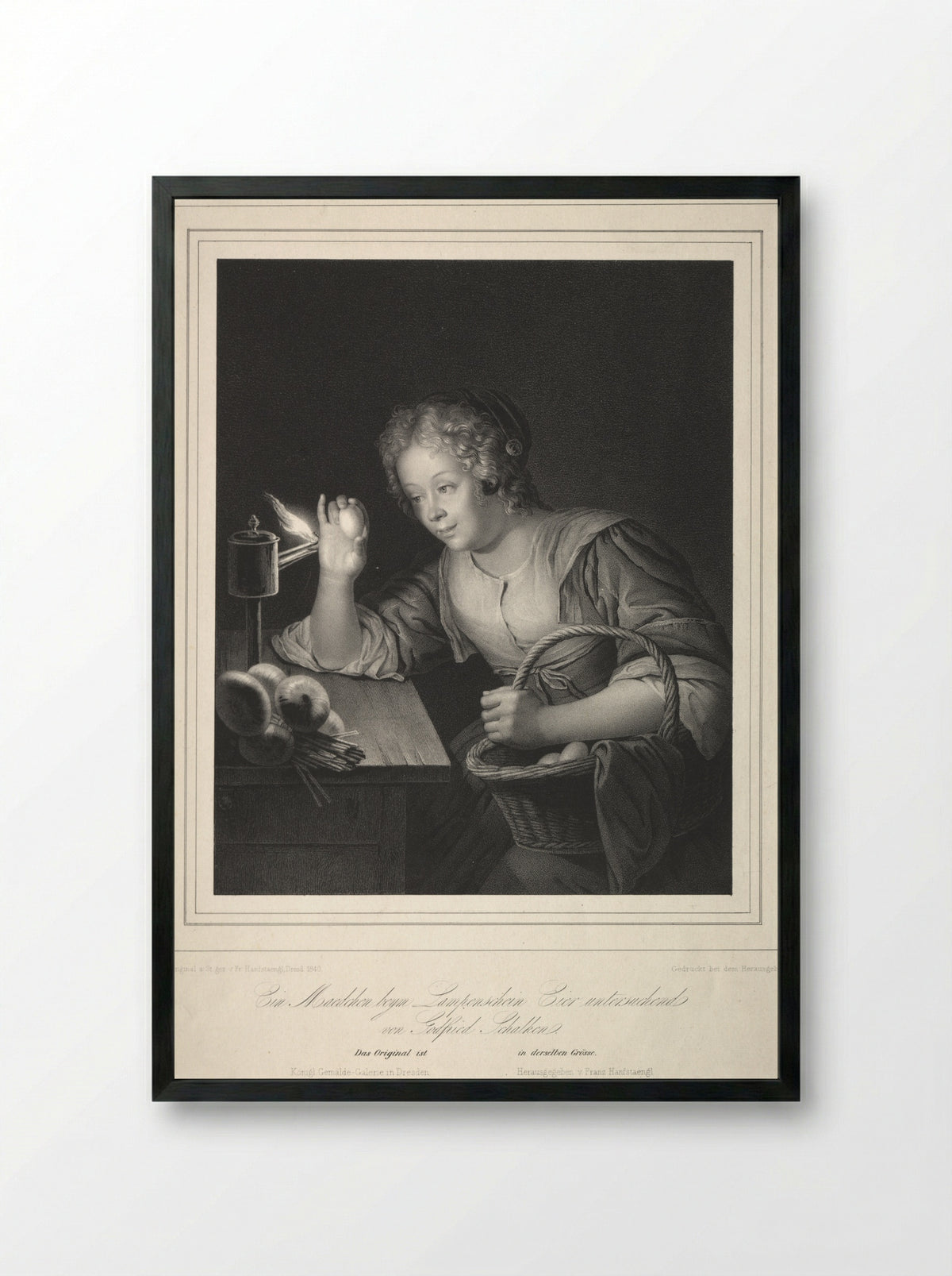 Girl Candling Eggs - Franz Seraph Hanfstaengl - Framed Print Black