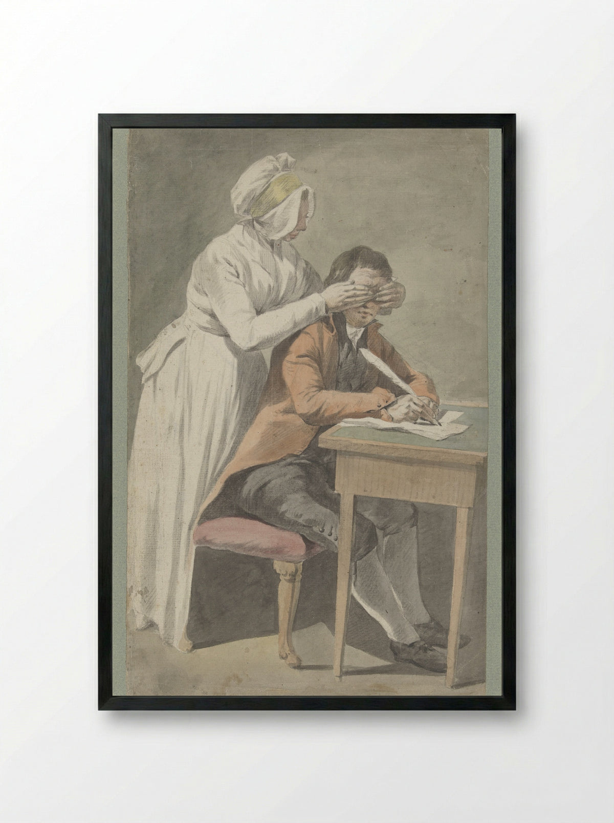 Girl Covering the Eyes of a Young Man - Etienne Jeaurat - Framed Print Black