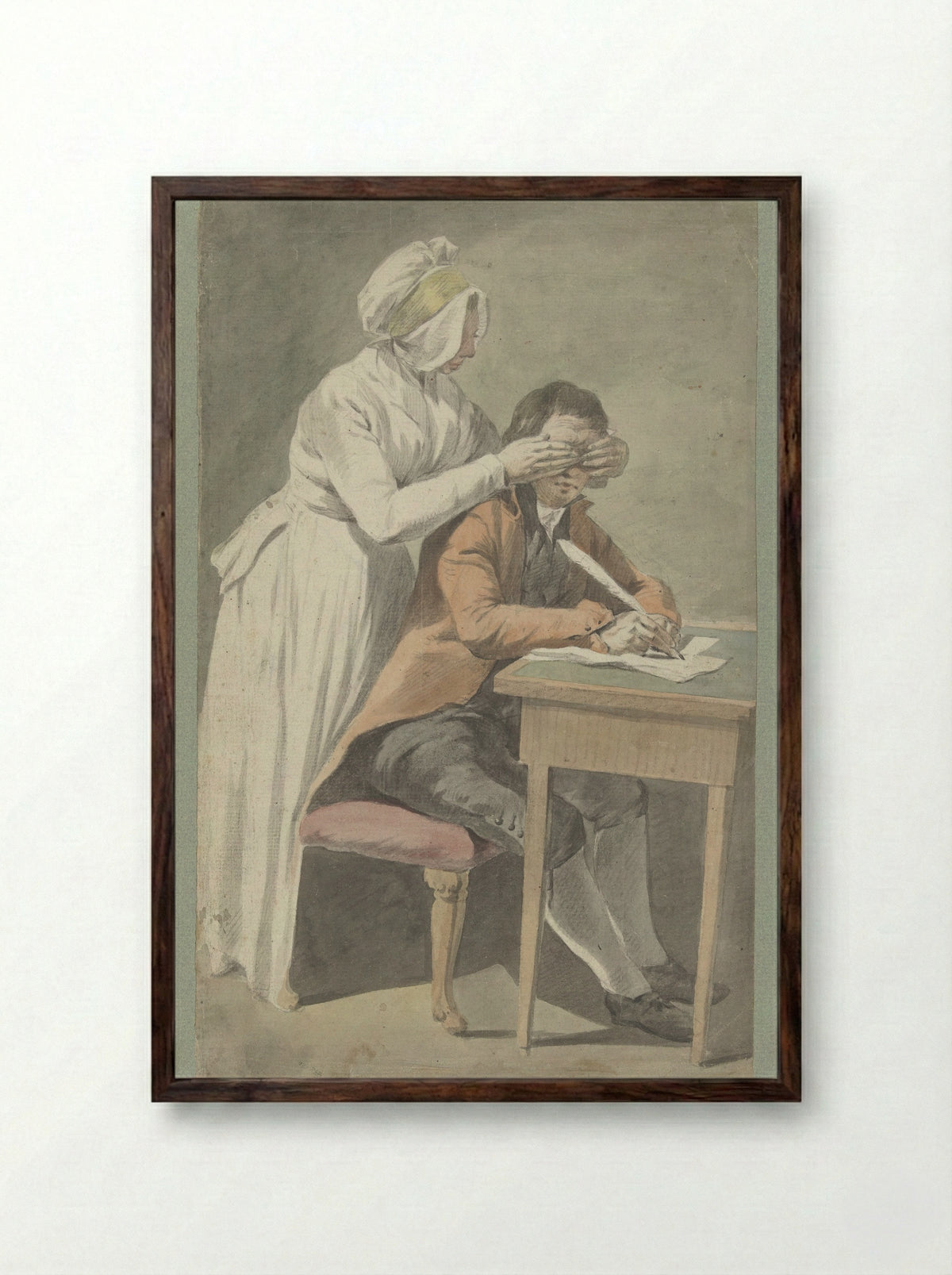 Girl Covering the Eyes of a Young Man - Etienne Jeaurat - Framed Print Dark Wood
