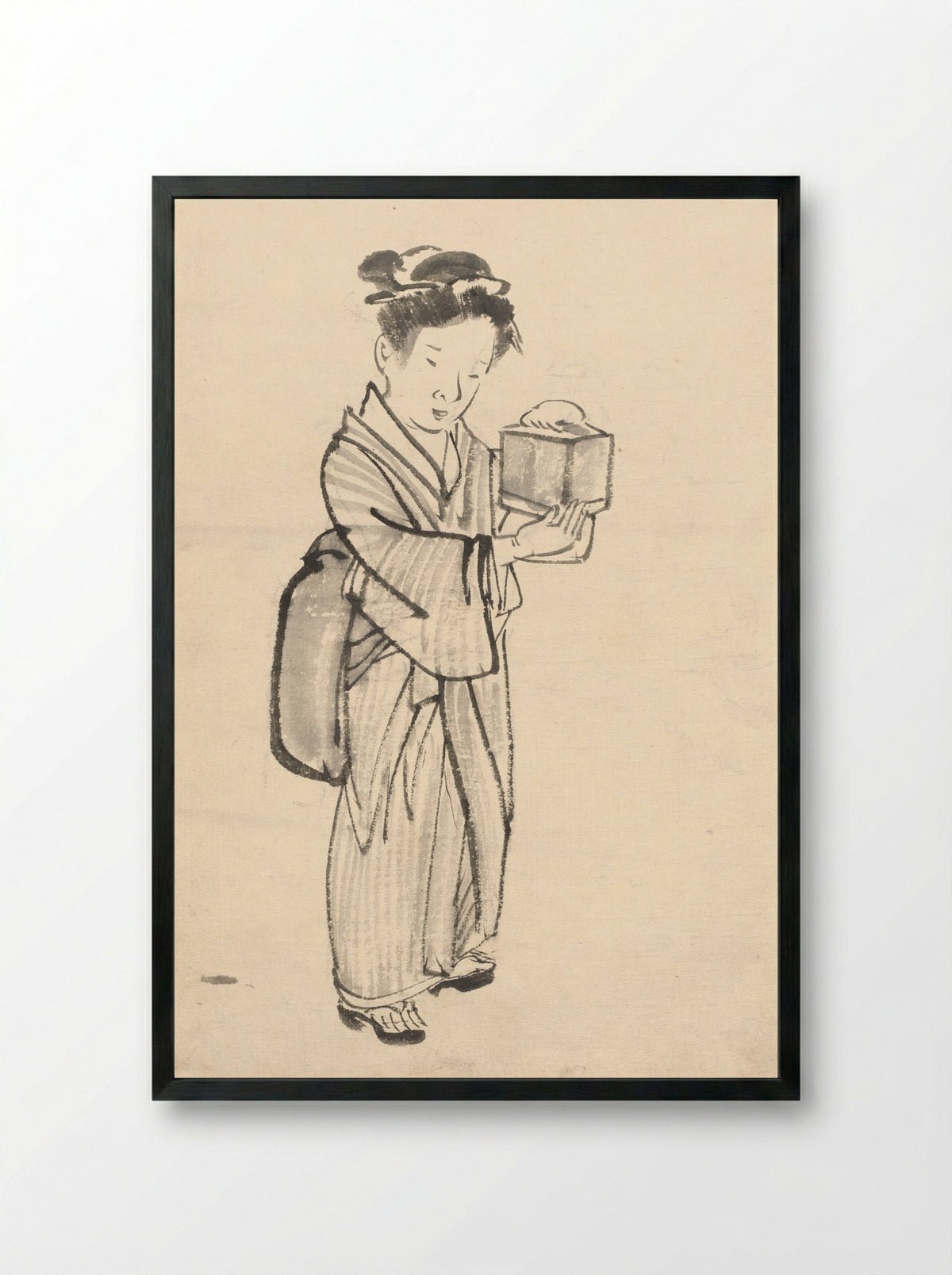 Girl Holding a Cricket Cage - Kono Bairei - Framed Print Black
