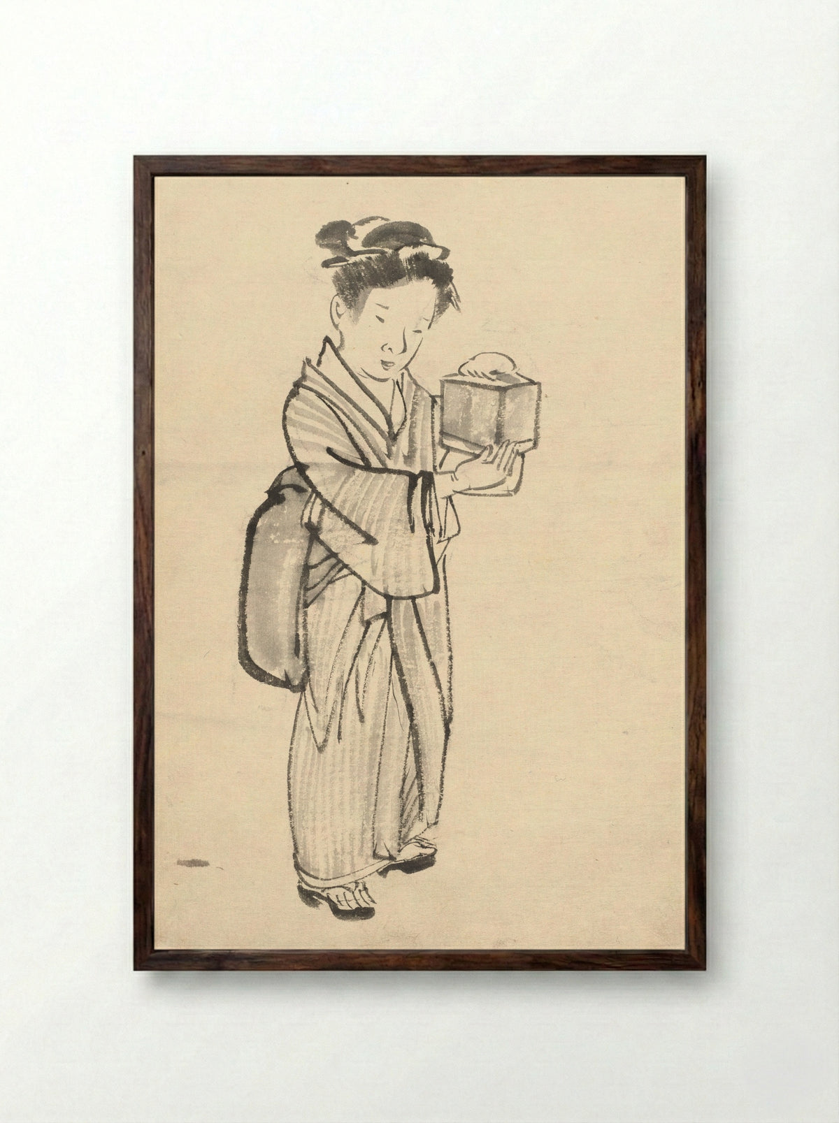 Girl Holding a Cricket Cage - Kono Bairei - Framed Print Dark Wood