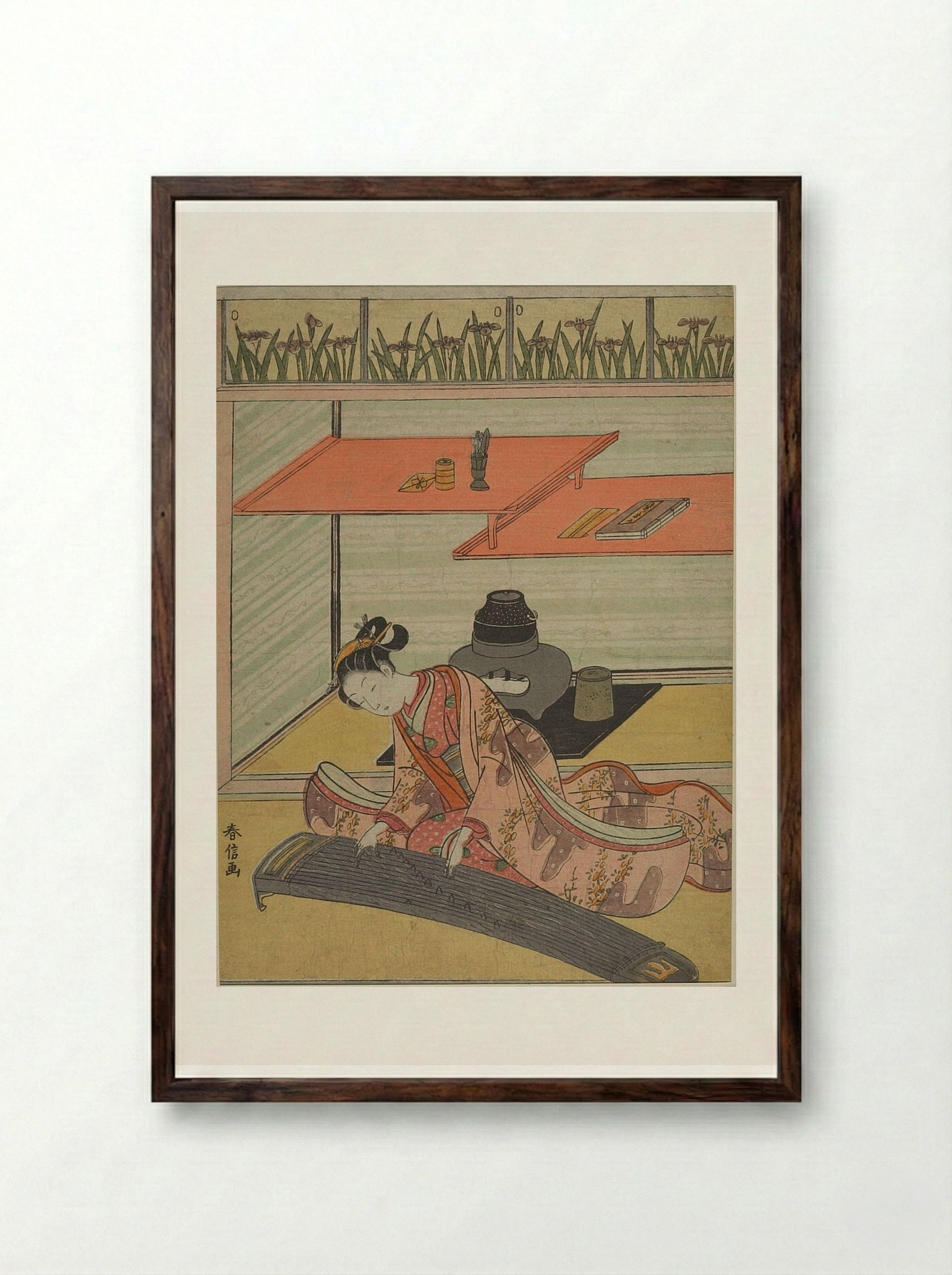 Girl Playing Koto by Chigaidana - Suzuki Harunobu - Framed Print Dark Wood