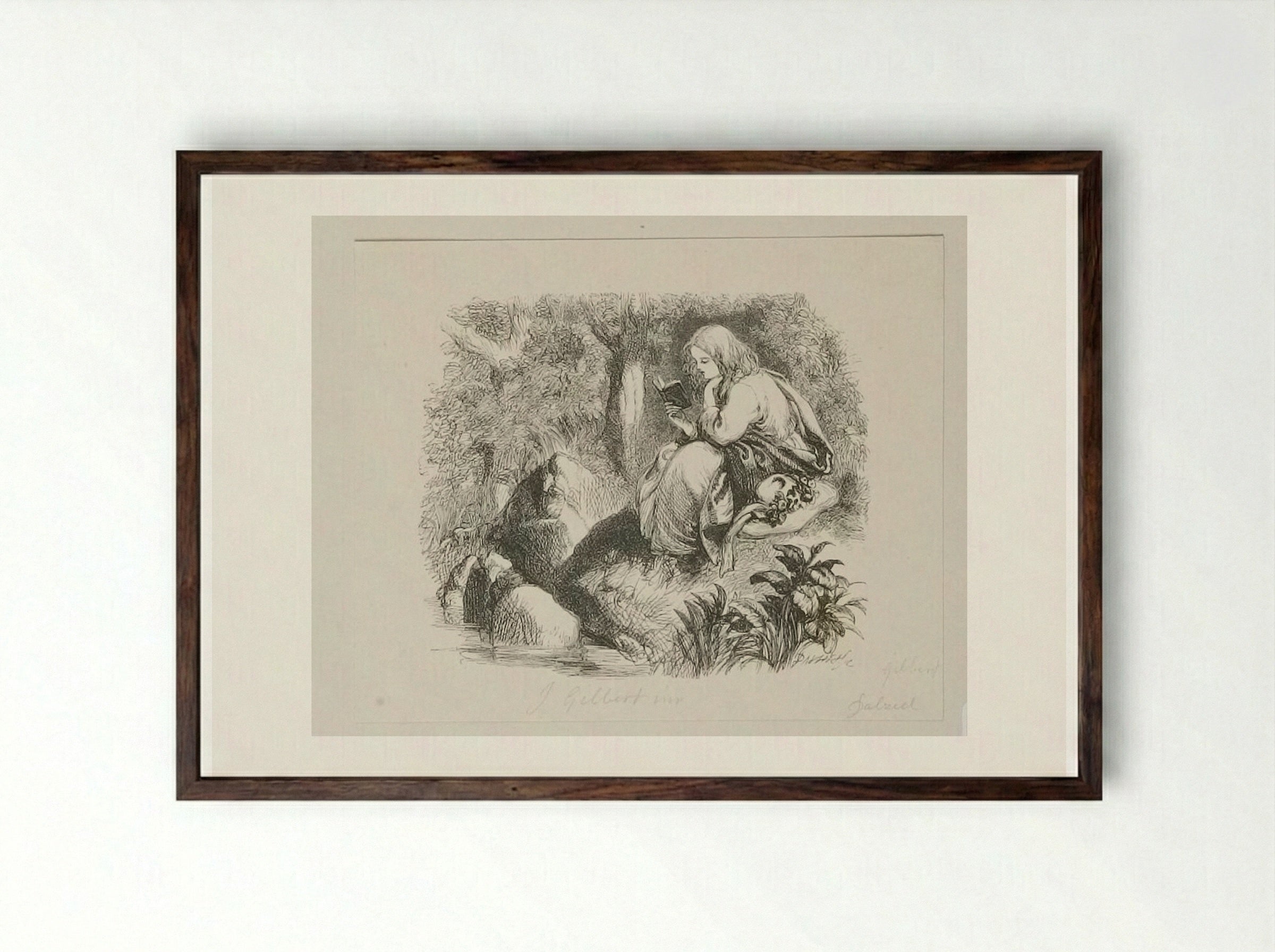 Girl Reading on a Bank - Edward Dalziel - Framed Print Dark Wood