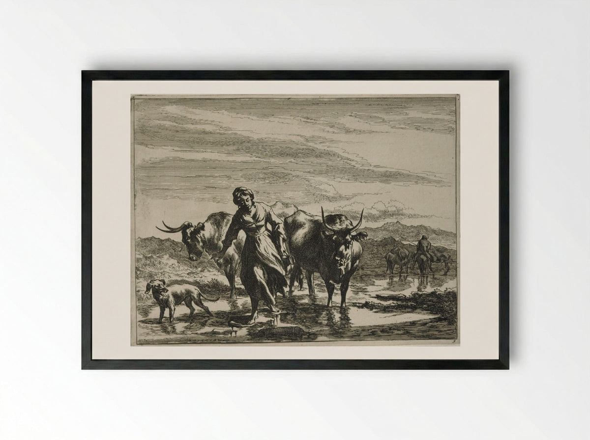 Girl Tripping Over Dry Spots in a Ford - Johannes Visscher - Framed Print Black