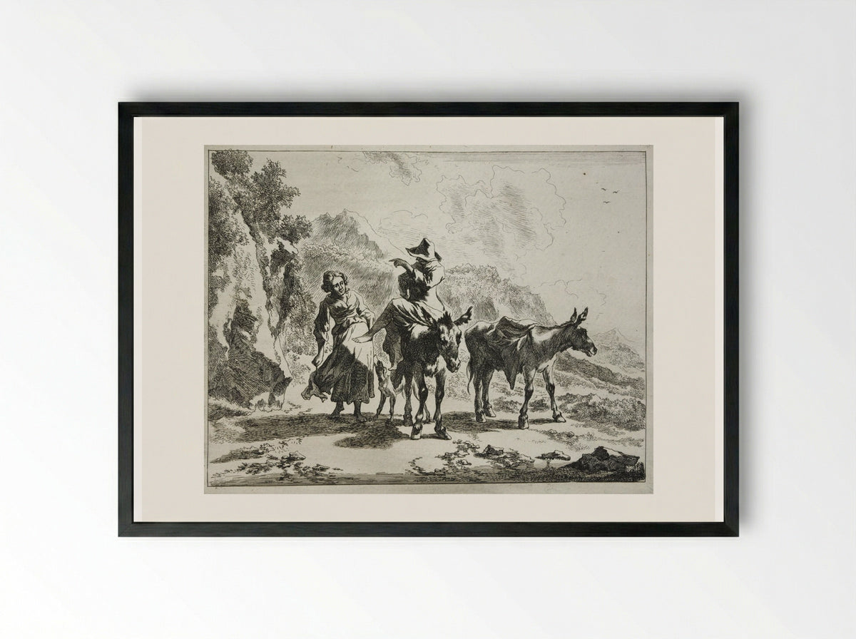 Girl Walking Next to Young Herdsman Riding a Donkey - Johannes Visscher - Framed Print Black