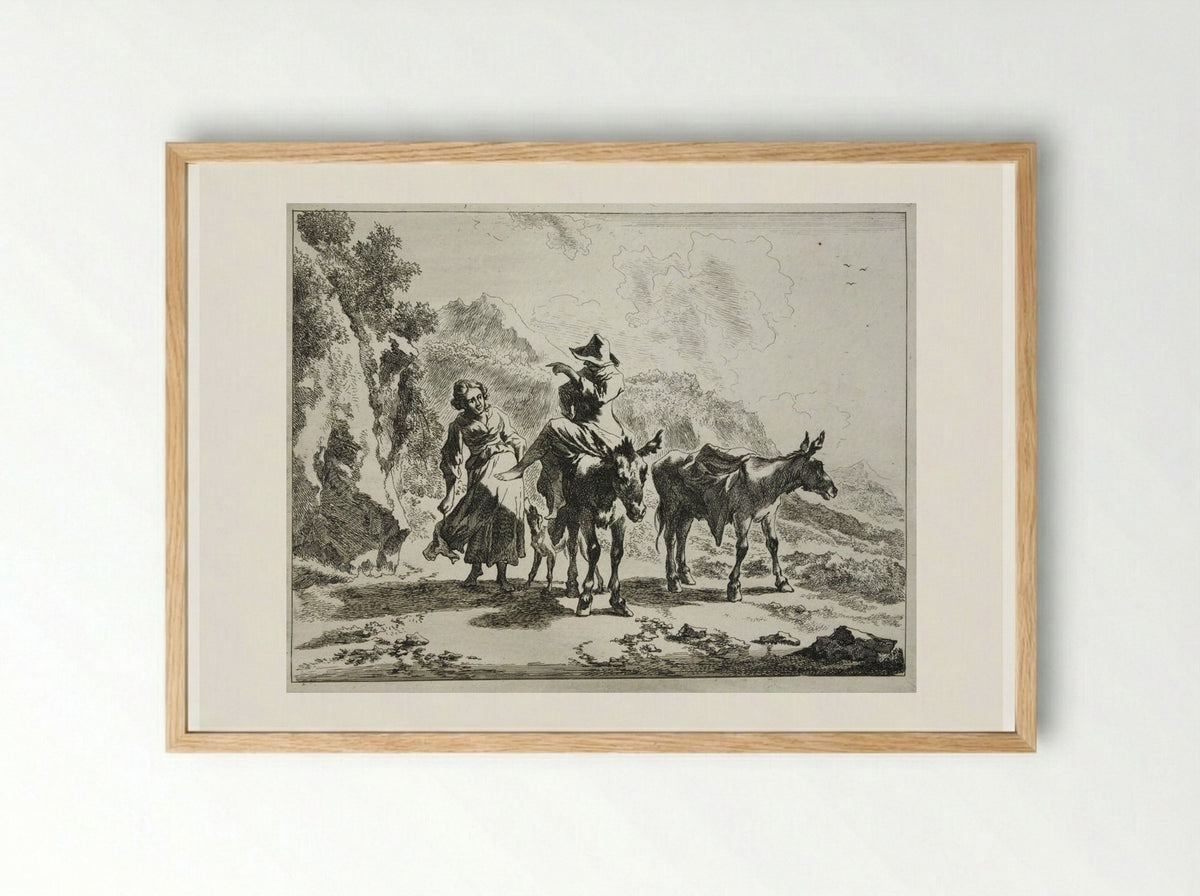 Girl Walking Next to Young Herdsman Riding a Donkey - Johannes Visscher - Framed Print Wood
