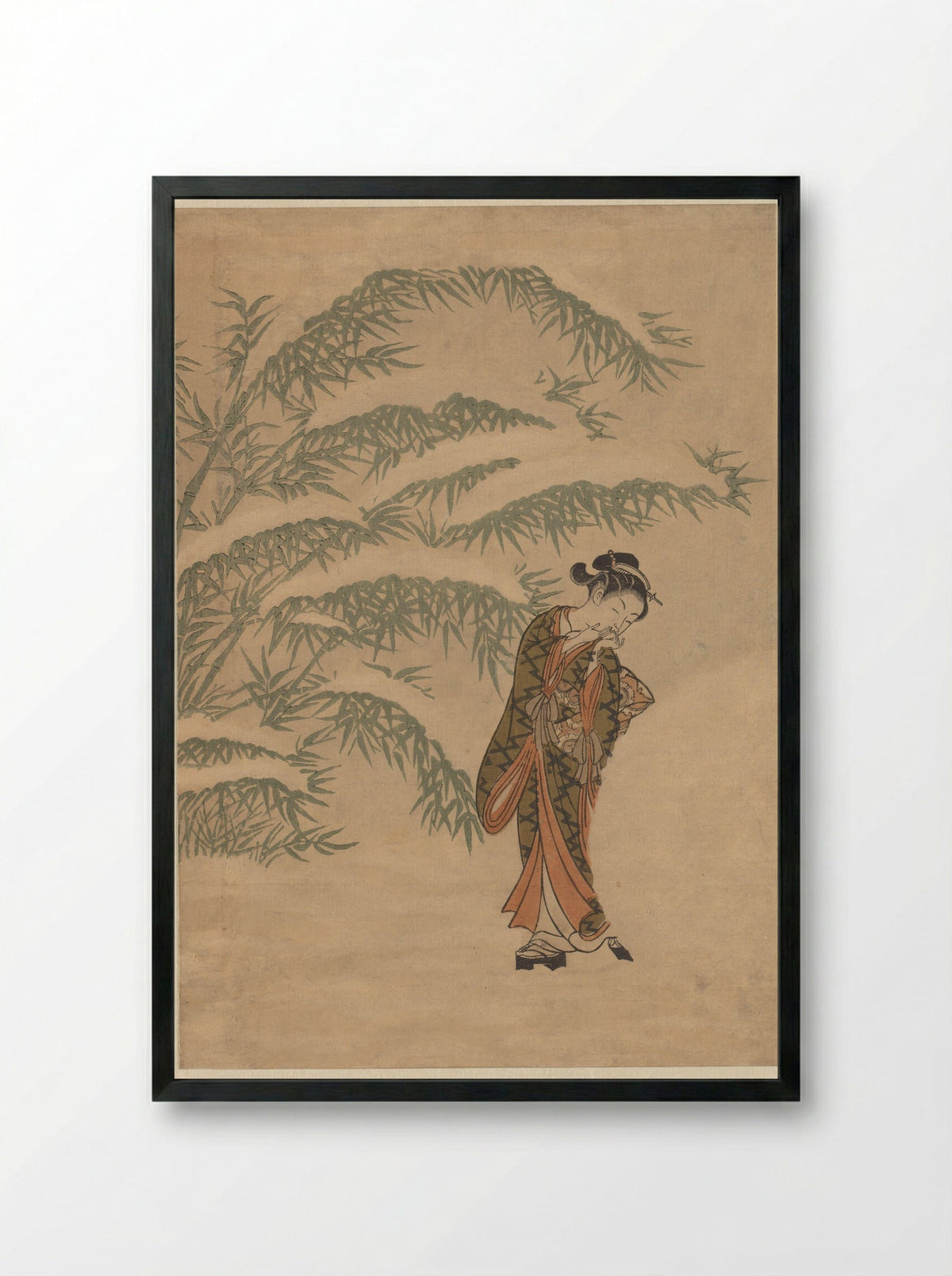 Girl Warming Her Hands with a Snowball - Suzuki Harunobu - Framed Print Black