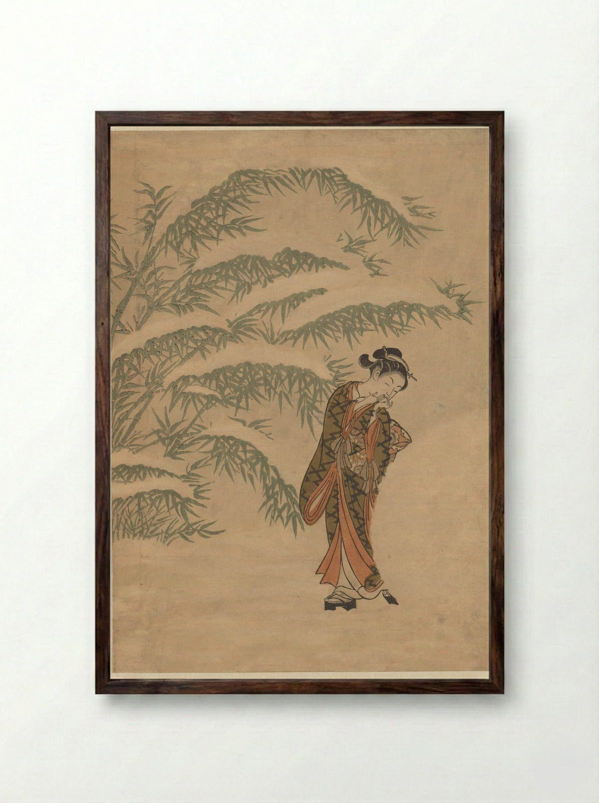 Girl Warming Her Hands with a Snowball - Suzuki Harunobu - Framed Print Dark Wood