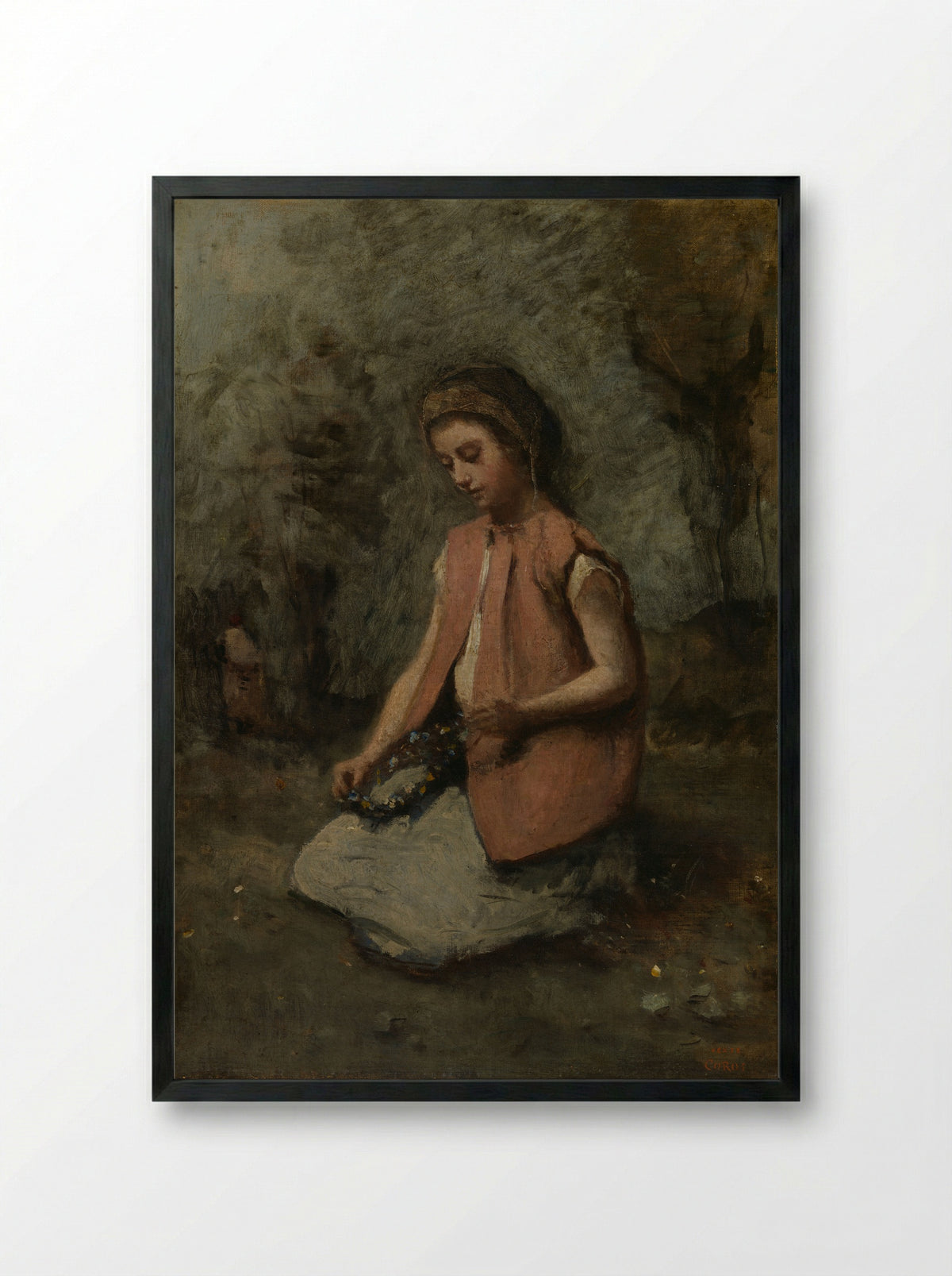 Girl Weaving a Garland - Camille Corot - Framed Print Black