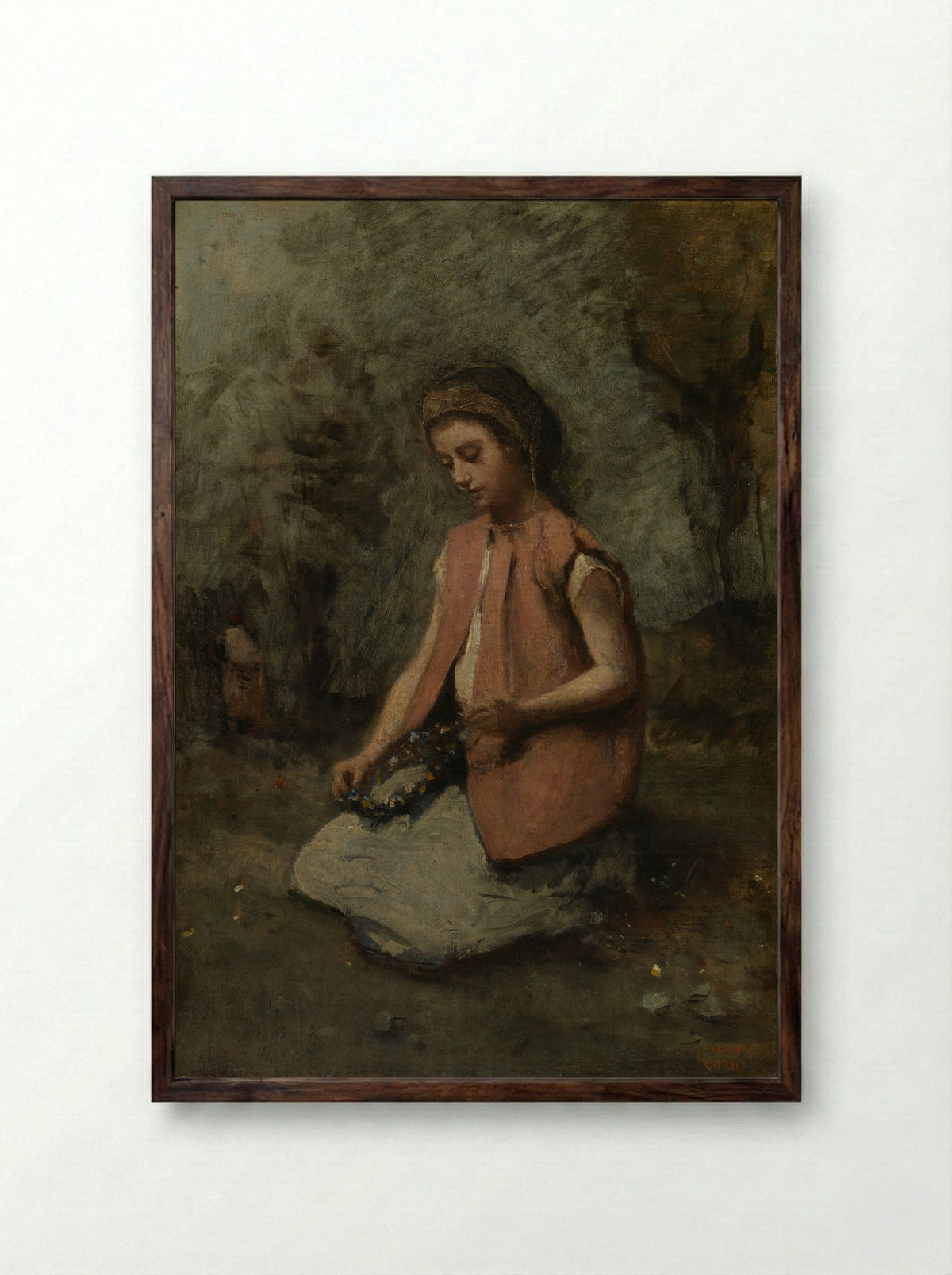 Girl Weaving a Garland - Camille Corot - Framed Print Dark Wood