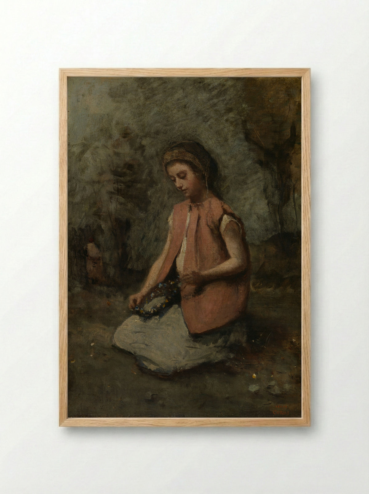 Girl Weaving a Garland - Camille Corot - Framed Print Wood