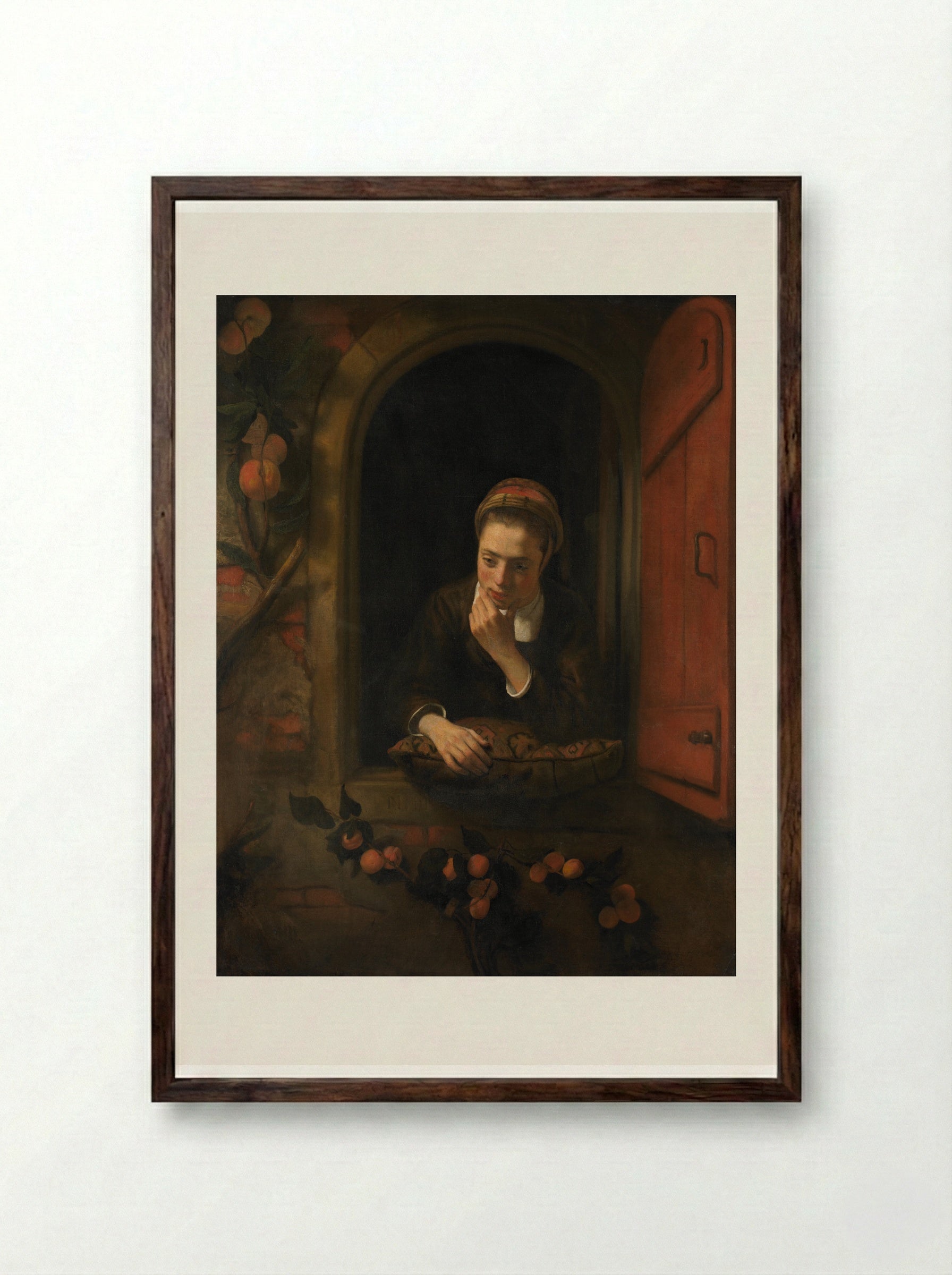 Girl at the Window (The Dreamer) - Nicolaes Maes - Framed Print Dark Wood