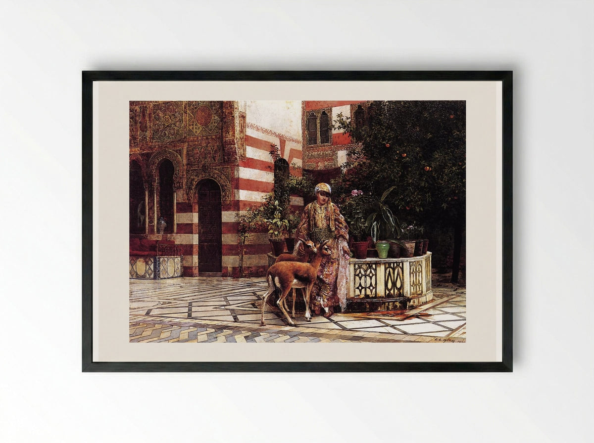 Girl in a Moorish Courtyard - Edwin Lord Weeks - Framed Print Black