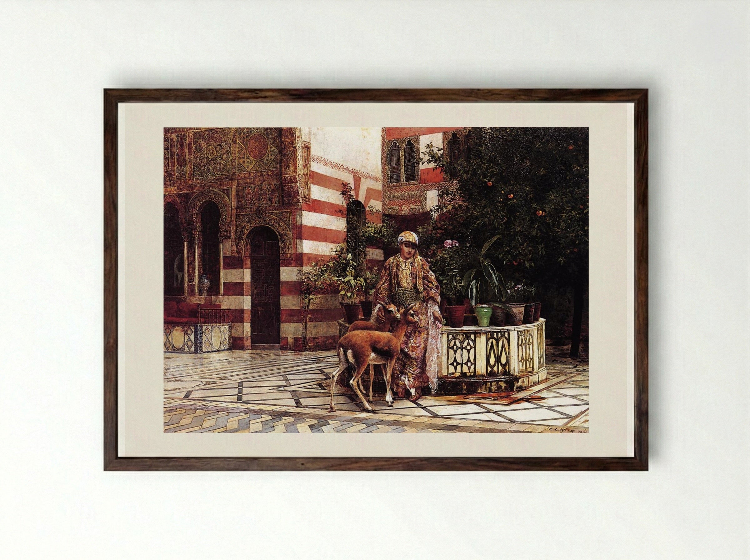 Girl in a Moorish Courtyard - Edwin Lord Weeks - Framed Print Dark Wood