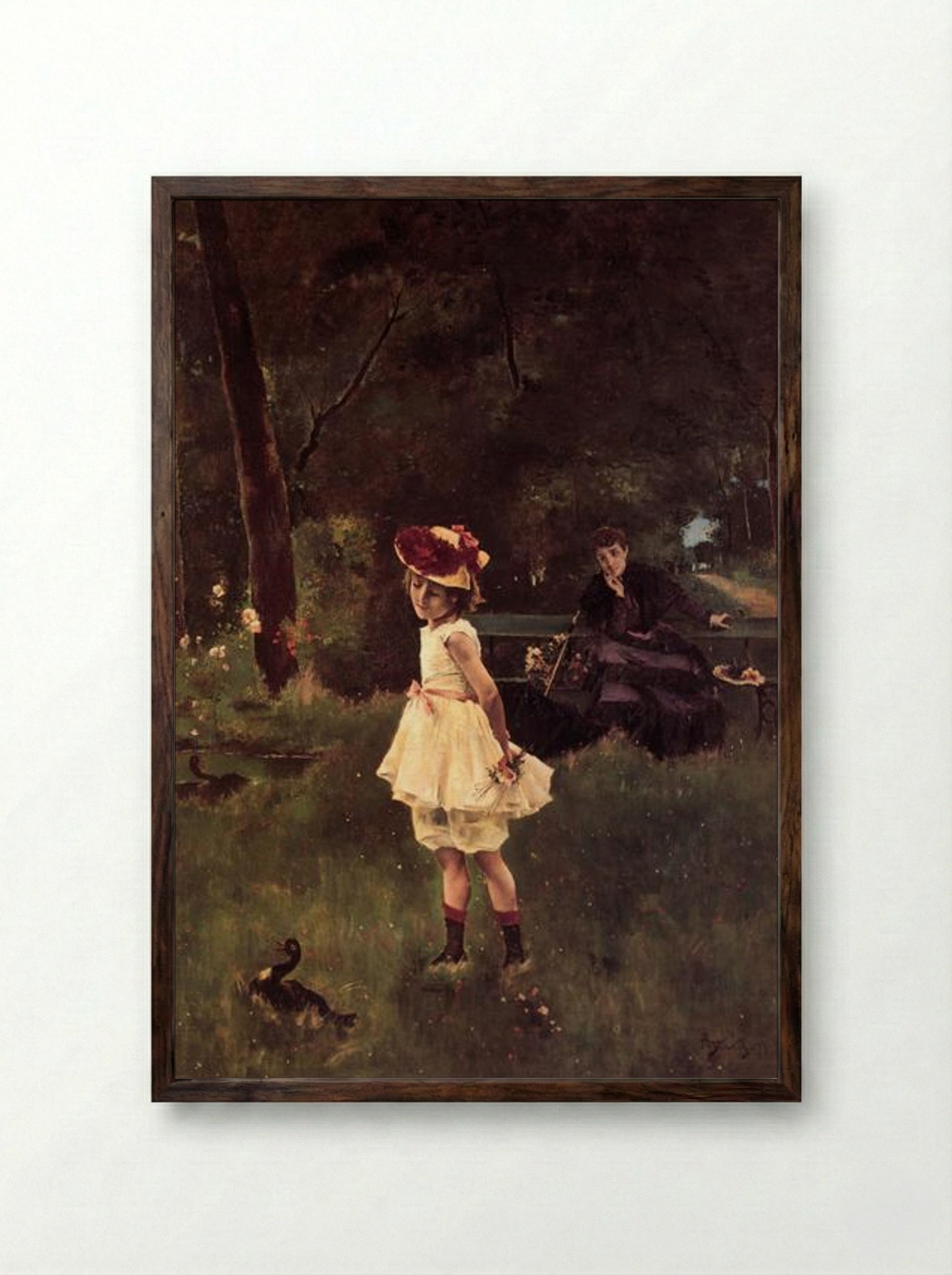 Girl with Duck - Alfred Stevens - Framed Print Dark Wood