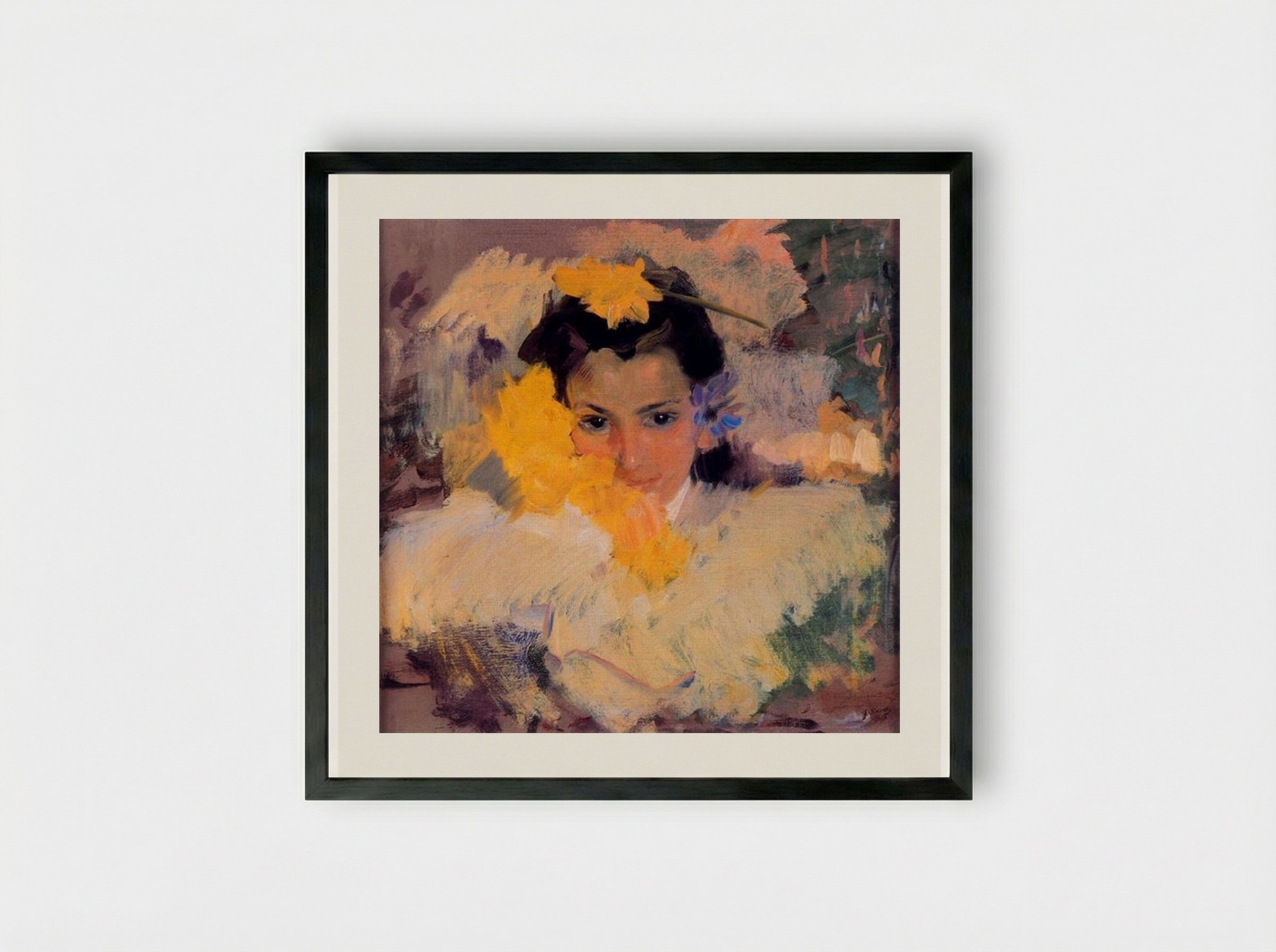 Girl with Flowers - Joaquín Sorolla - Framed Print Black