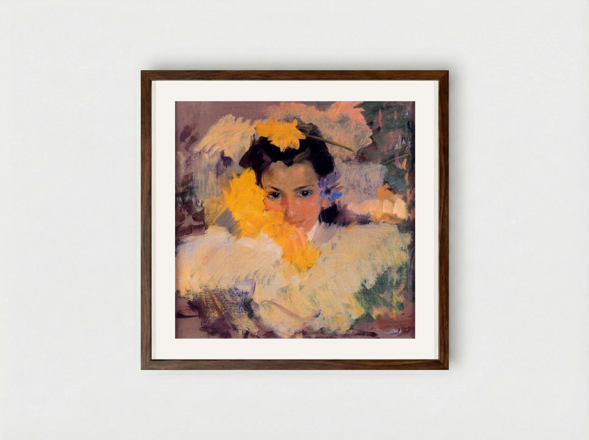 Girl with Flowers - Joaquín Sorolla - Framed Print Dark Wood