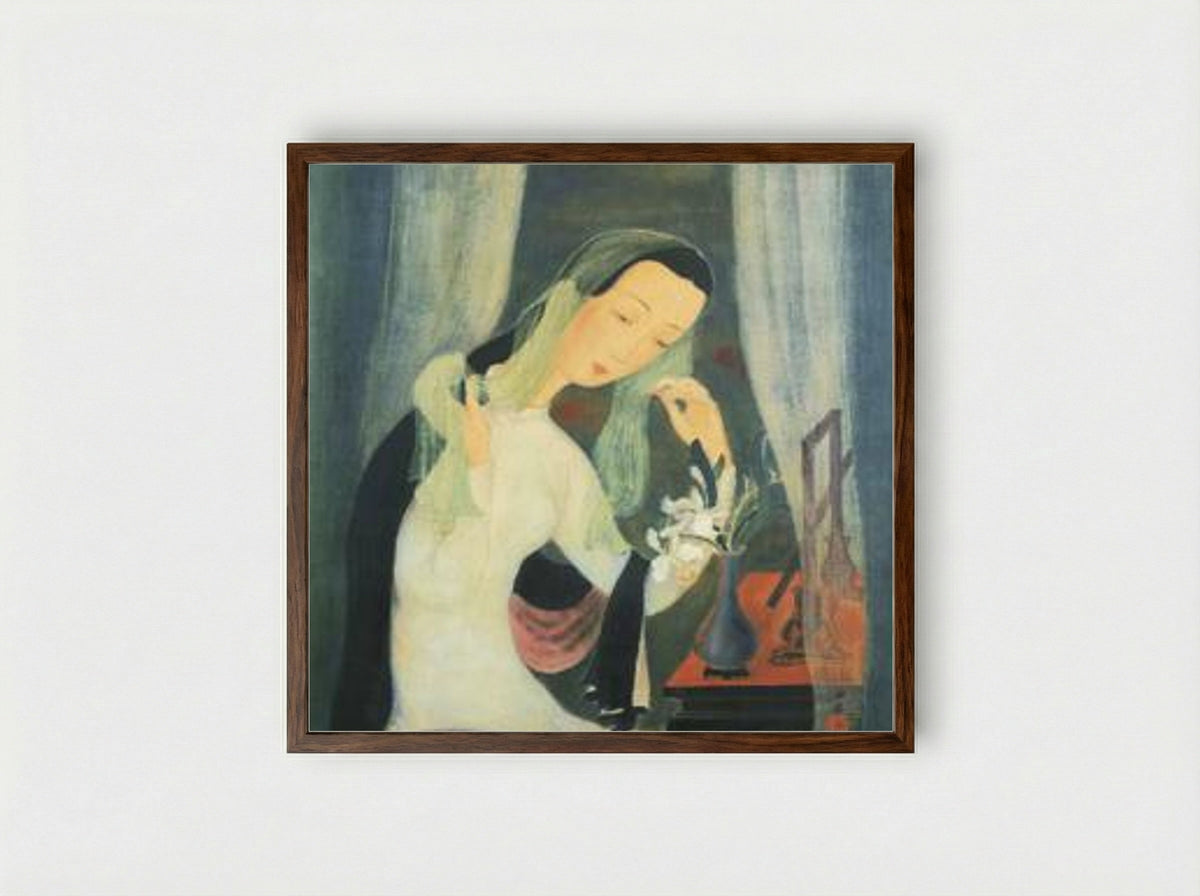 Girl with Green Scarf - Le Pho - Framed Print Dark Wood