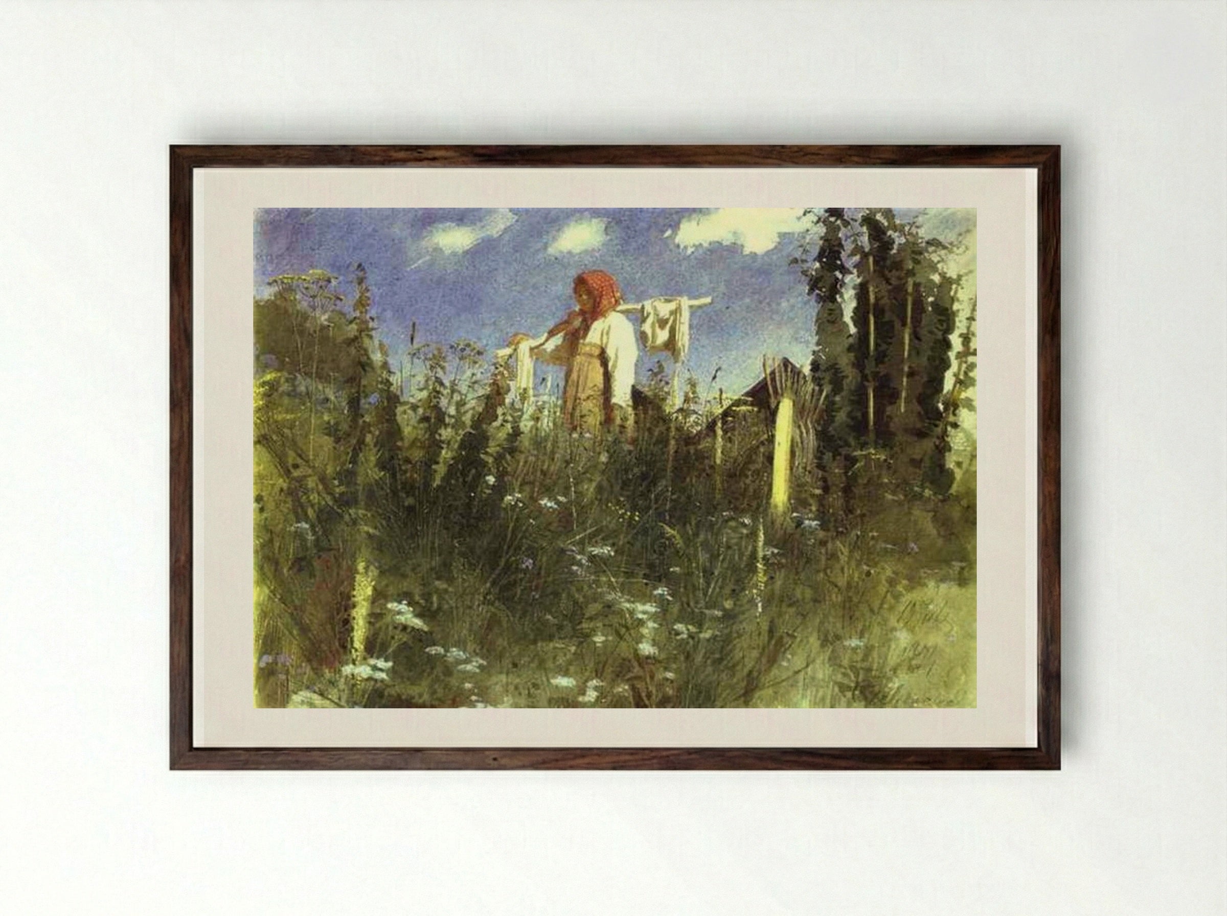 Girl with Washed Linen on the Yoke - Ivan Kramskoy - Framed Print Dark Wood