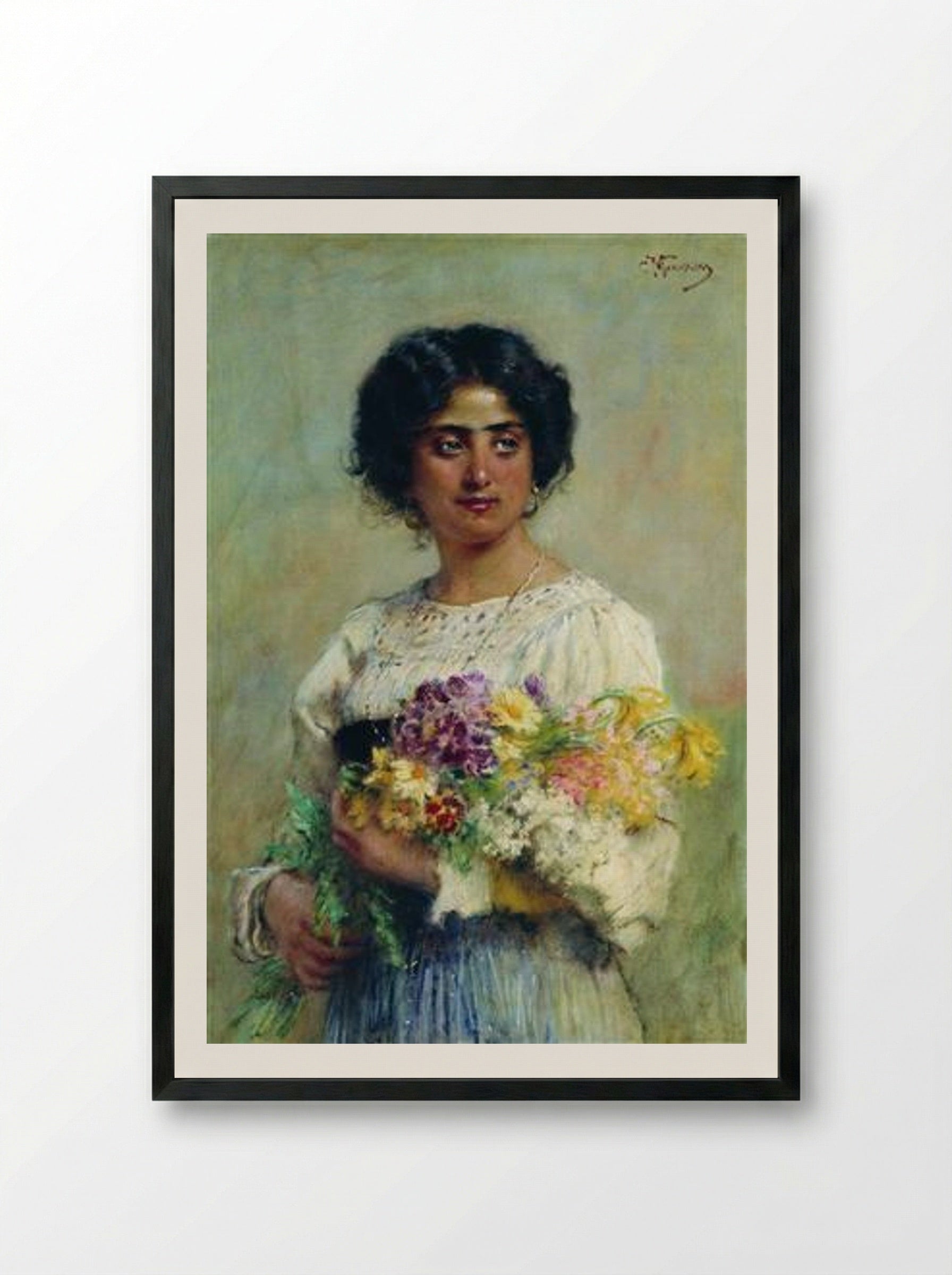 Girl with a Bouquet - Konstantin Makovsky - Framed Print Black