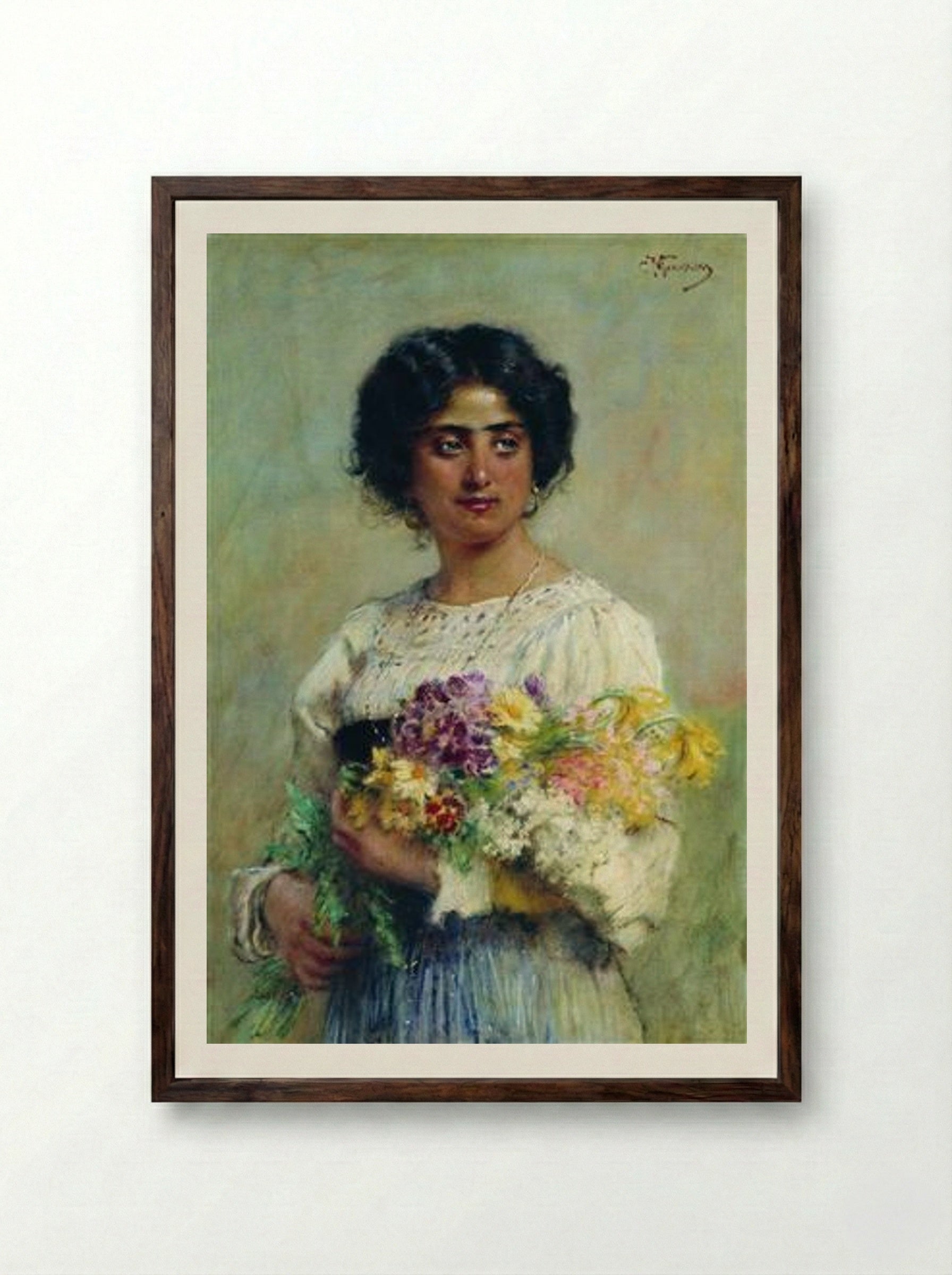 Girl with a Bouquet - Konstantin Makovsky - Framed Print Dark Wood