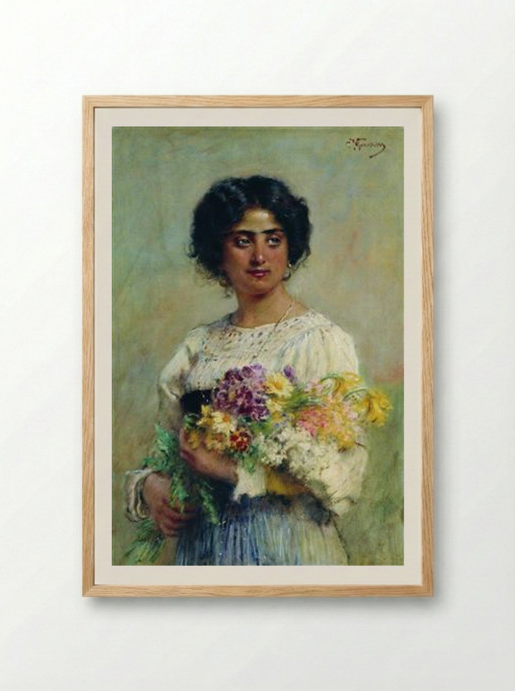 Girl with a Bouquet - Konstantin Makovsky - Framed Print Wood