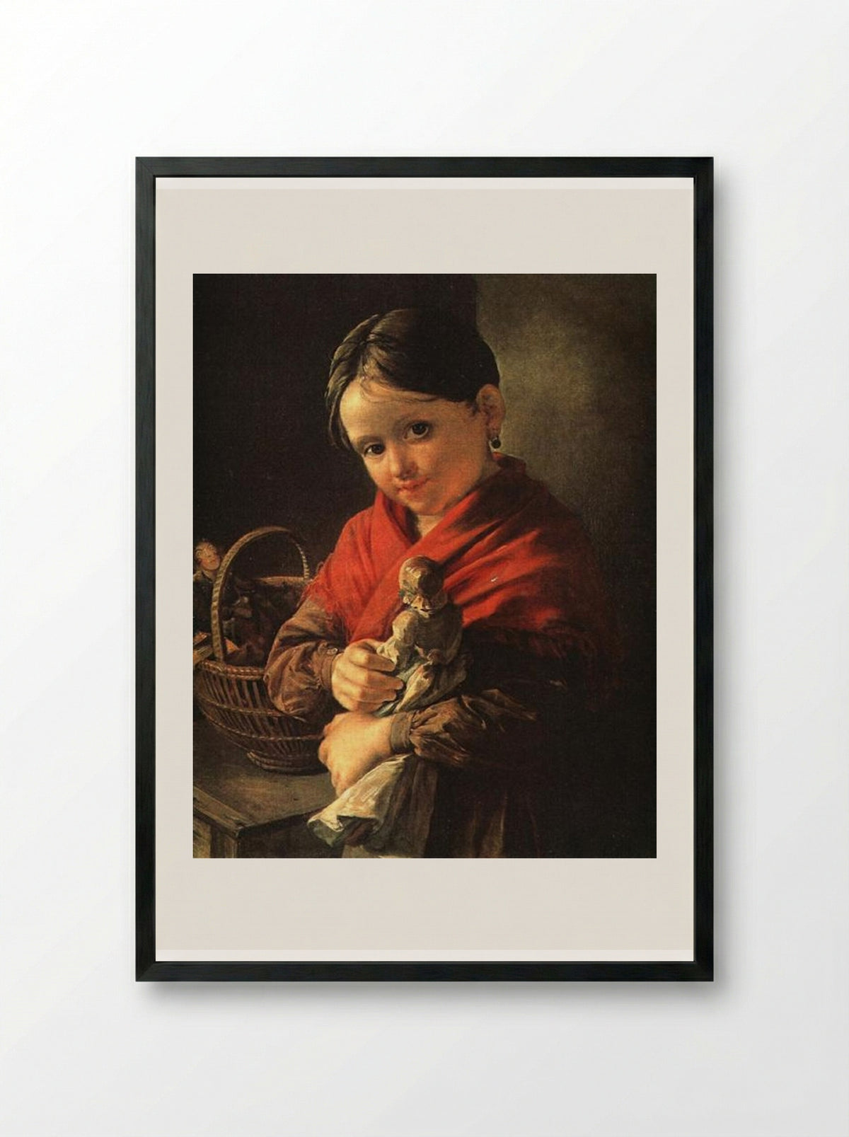 Girl with a Doll - Vasily Tropinin - Framed Print Black