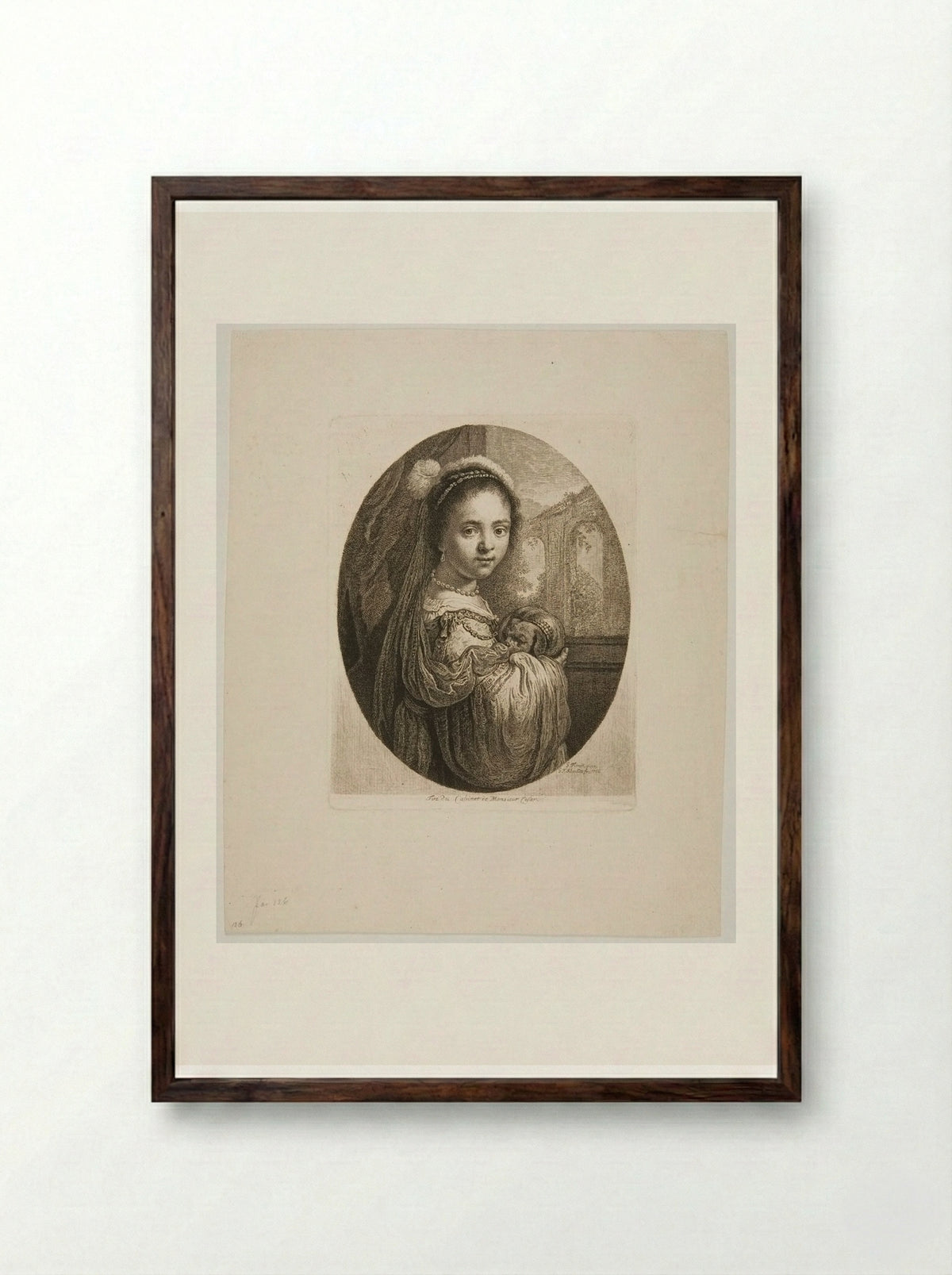 Girl with a Pug-Dog in Her Arms - Georg Friedrich Schmidt - Framed Print Dark Wood