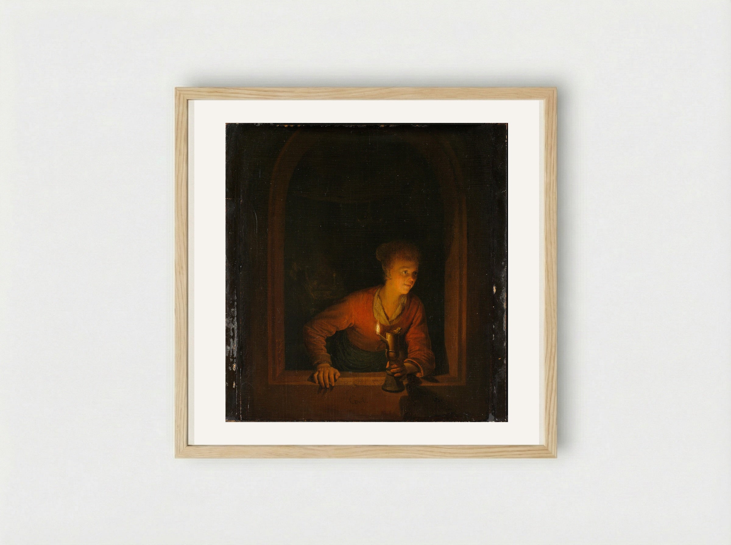 Girl with an Oil Lamp at a Window - Gerrit Dou - Framed Print Wood