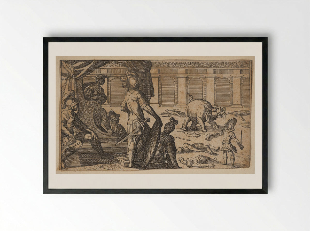 Gladiators Fighting an Elephant in an Arena - Antonio Tempesta - Framed Print Black