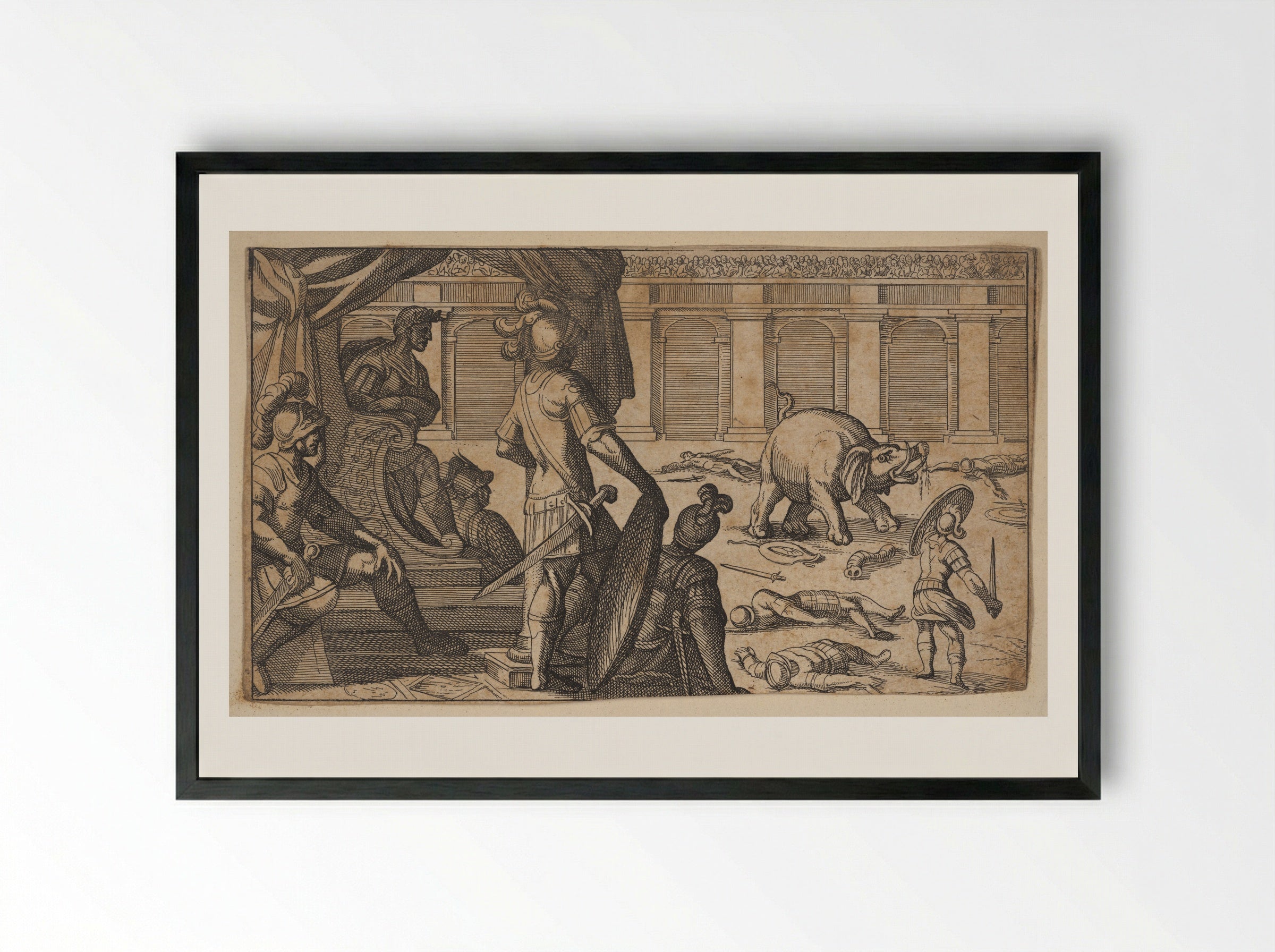 Gladiators Fighting an Elephant in an Arena - Antonio Tempesta - Framed Print Black