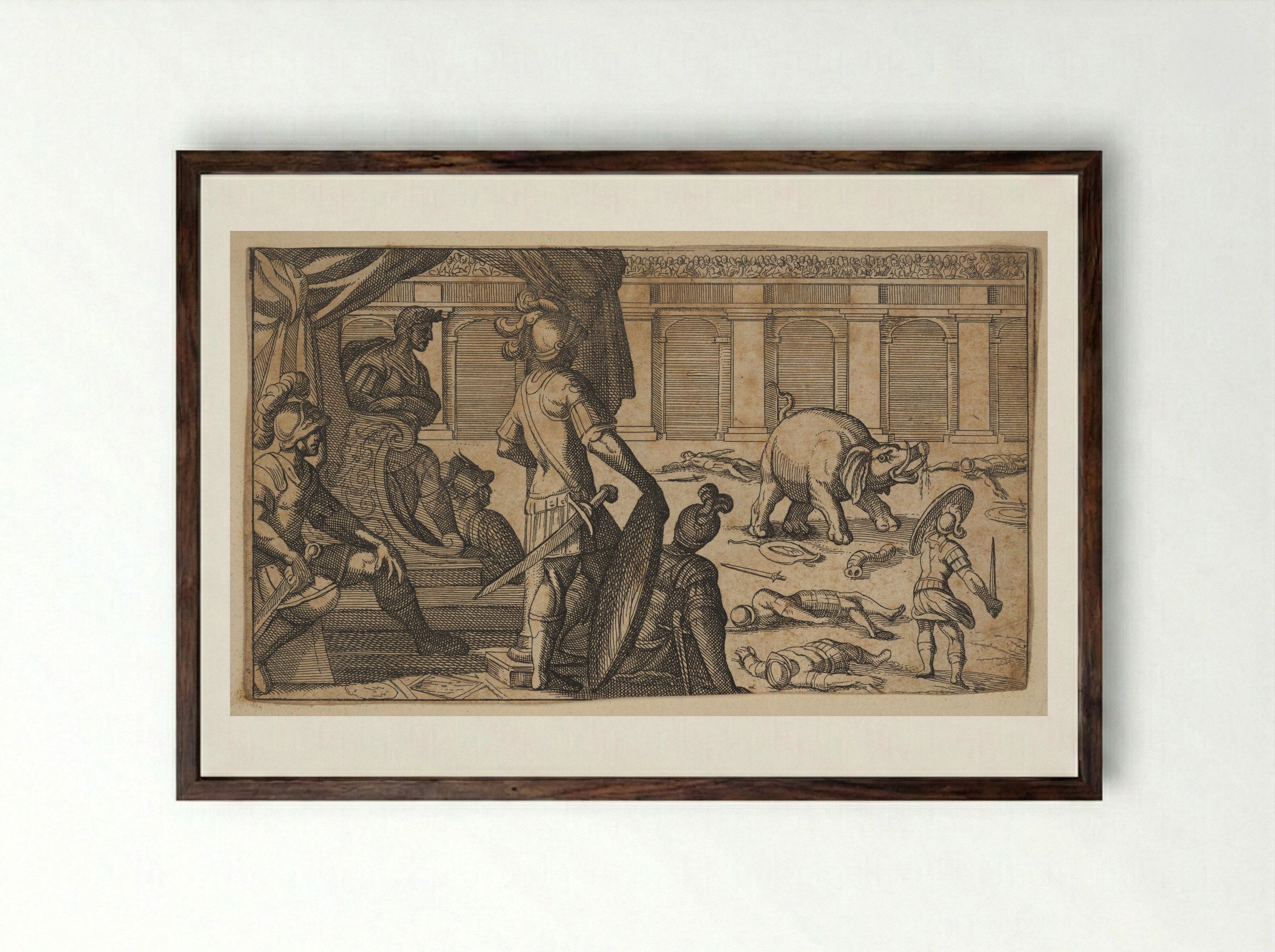 Gladiators Fighting an Elephant in an Arena - Antonio Tempesta - Framed Print Dark Wood