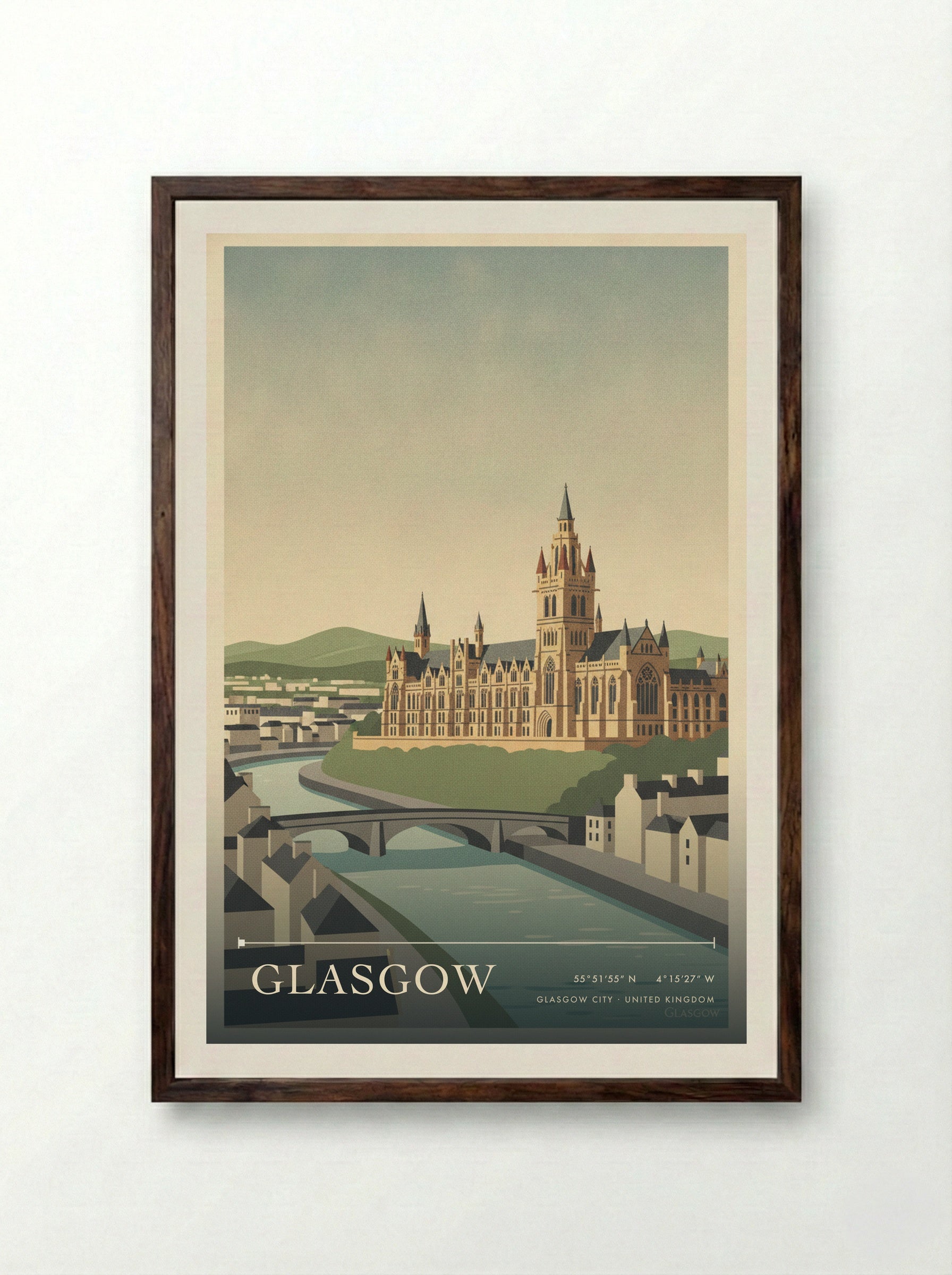Glasgow Glasgow City United Kingdom Travel Poster - Framed Print Dark Wood
