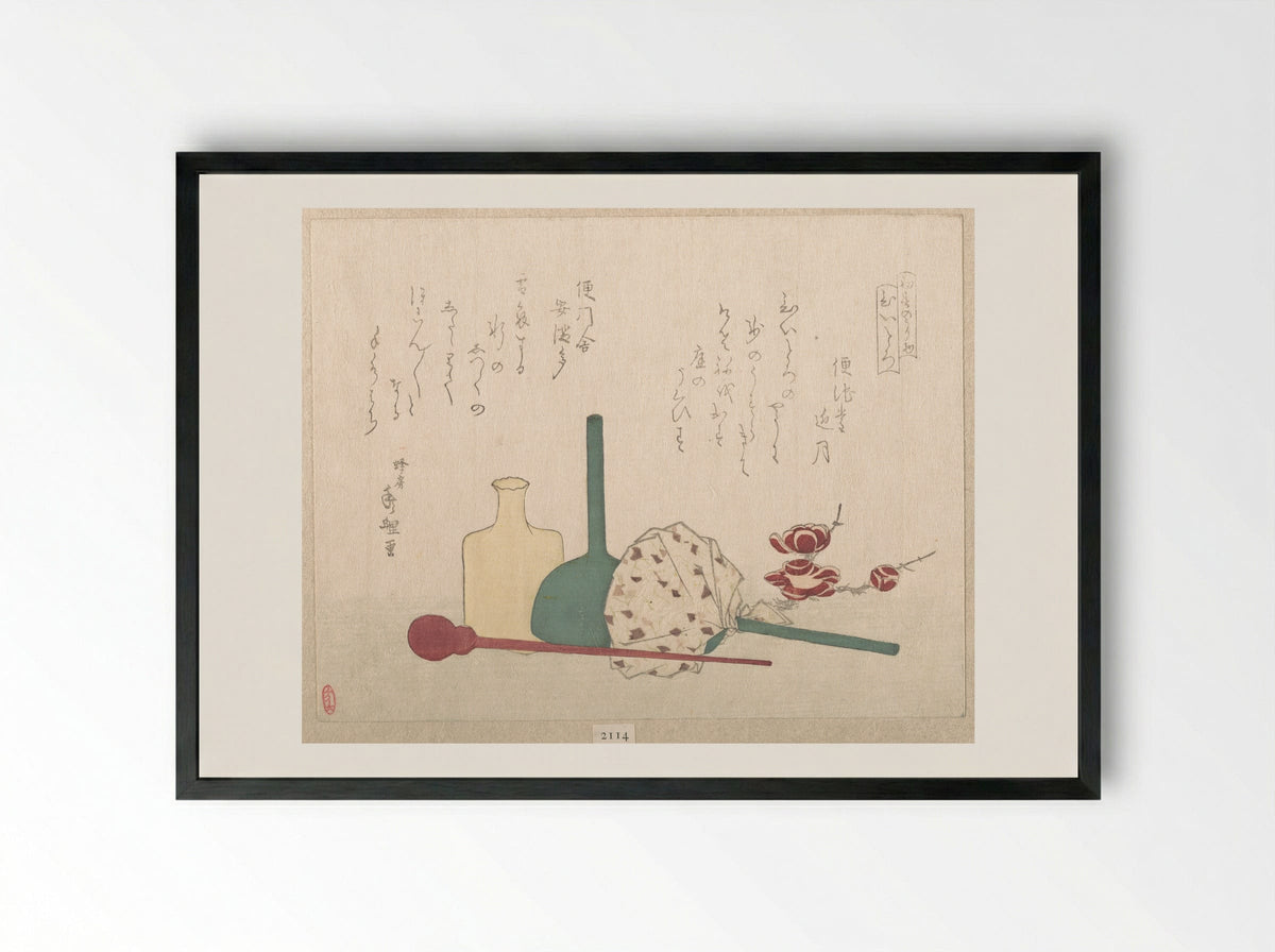 Glass-Wares with Plum Blossoms - Hachifusa Shūri - Framed Print Black